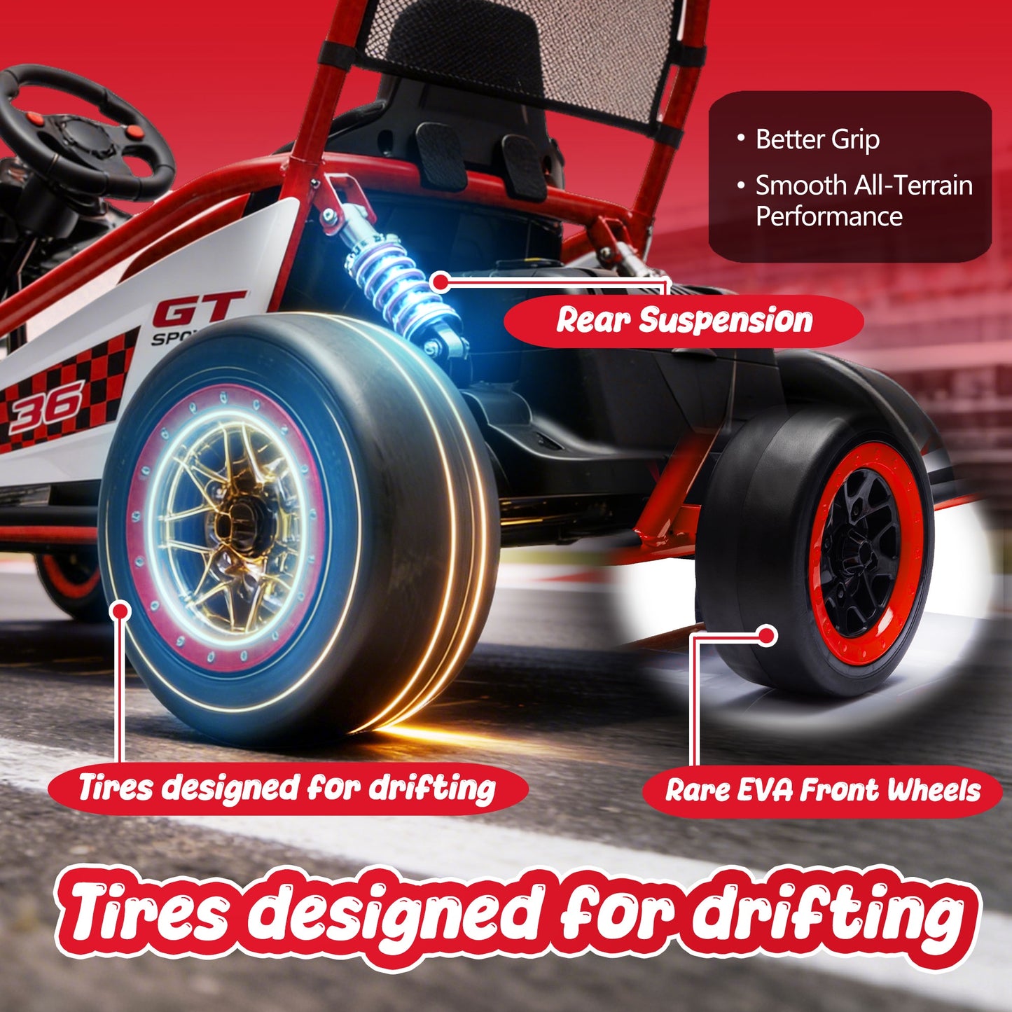 24V Powered Ride on Toys, iRerts Electric Go Kart with Drift Mode, Bluetooth Music, EVA Front Tires, Rear Wheel Suspension, Max Speed 7.5 MPH, Crazy Go Cart Electric Car for Kids 6-12 Ages, Red