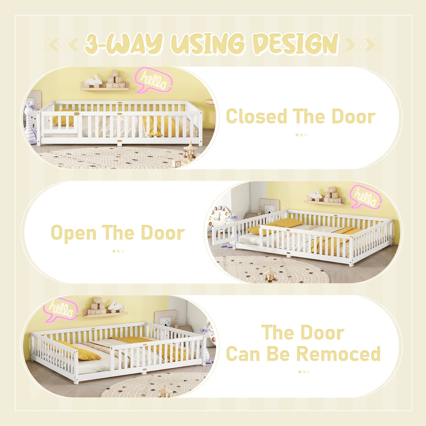 iRerts Queen Floor Bed Frame for Toddlers Kids, Wood Queen Montessori Bed Frame with Slats, Fence, Door, Kids Montessori Bed Queen Size, Queen Toddler Bed Frame for Boys Girls, White