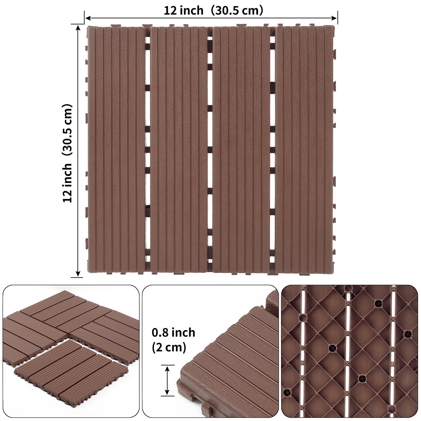 iRerts Plastic Interlocking Deck Tiles, 44 Pack Outdoor Flooring Tiles 12" x 12", All Weather Use, Patio Floor Decking Tiles for Porch Poolside Balcony, Brown