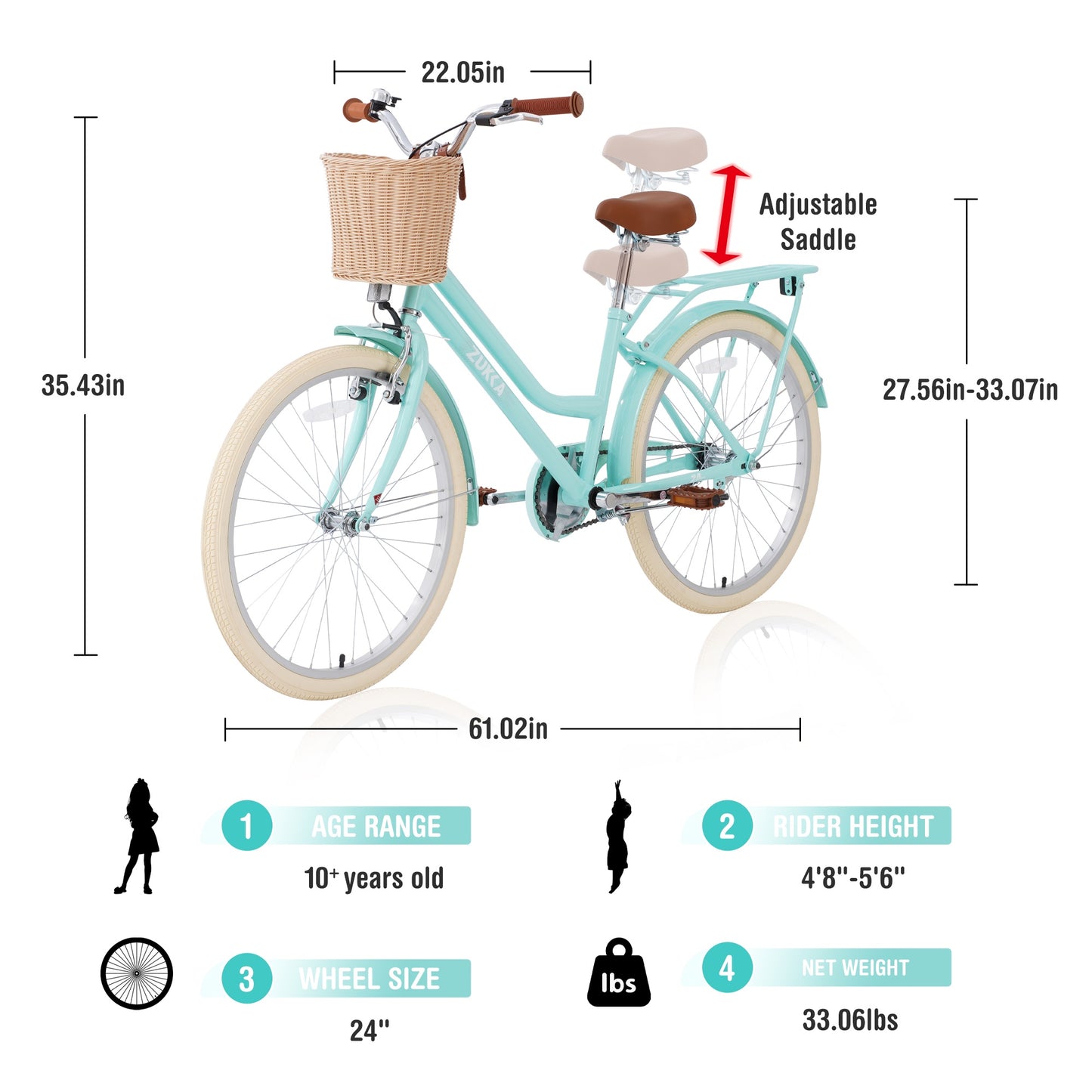 iRerts Girls Bike for 10+ Years Old Kids, 24 Inch Bike with Basket, Brown Leather Saddle, Coaster Brakes, Retro Style Girls Bicycle Cycle Bikes, Women Bicycle for Gifts, Mint Green