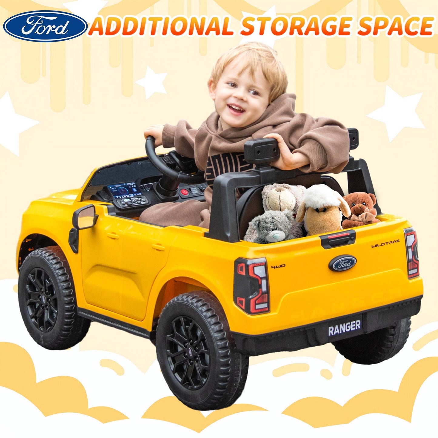 iRerts Yellow 12V Ford Ranger Powered Ride on Car with Remote Control, Kids Electric Car for Boys Girls 3-6 Ages, Kids Ride on Toys with Bluetooth, Music, USB Port, Horn, LED Lights