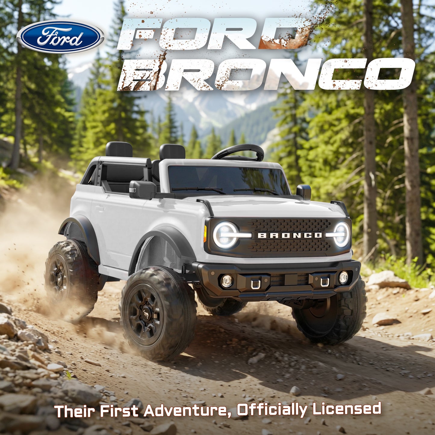 iRerts 2 Seater Ride on Cars, Licensed Ford Bronco Base 24V Ride on Toys for Big Kids Ages 3-8, Powered Kids Car Electric Vehicle with Remote Control, Bluetooth, LED Lights, 4 Wheel Suspension, White