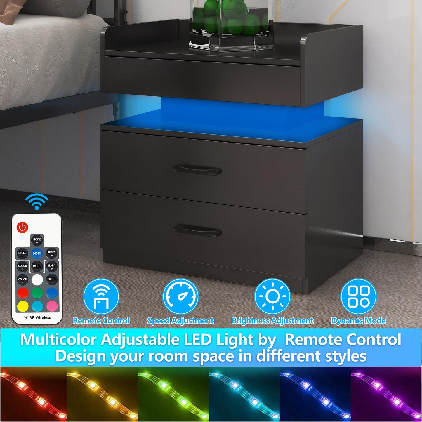 iRerts Bedside Table with Charging Station, Wood High Gloss Nightstand for Bedroom with Plug Outlet, 2 USB Ports, 2 Drawers, 16 LED Lights, Modern Night Stands End Side Table for Bedroom Office, Black