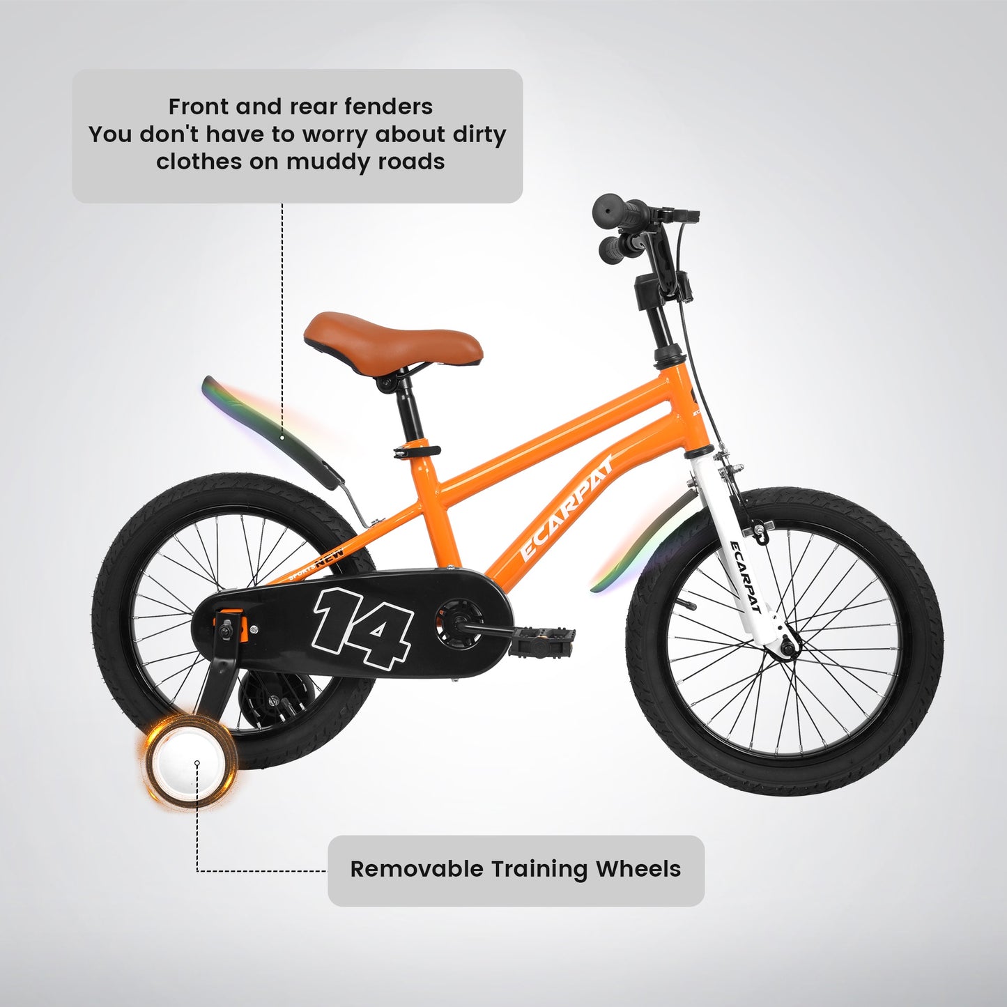 iRerts Kids Bicycles 14 Inch, Freestyle Kids Bike Sport Bicycle for Boys Girls 3-6 Years Old, Girls Boys Bicycles with Training Wheels, Fender, Orange