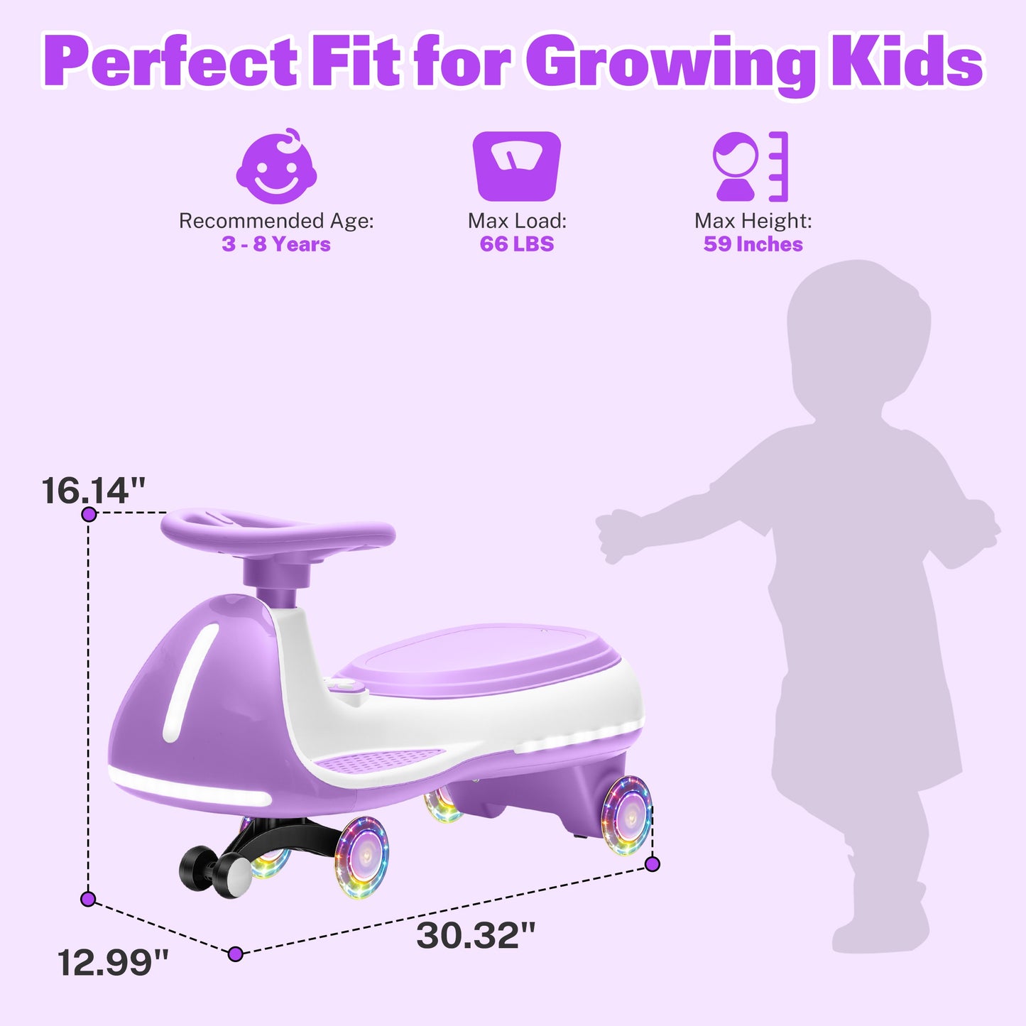 iRerts 12V Ride on Toys, Electric Ride on Wiggle Car with Pedal, 2 in 1 Swing Car Kids Wiggle Car for Toddlers Ages 3+, Kids Cars with Flashing PU Wheels, Bluetooth Music, 5MPH Max Speed, Purple