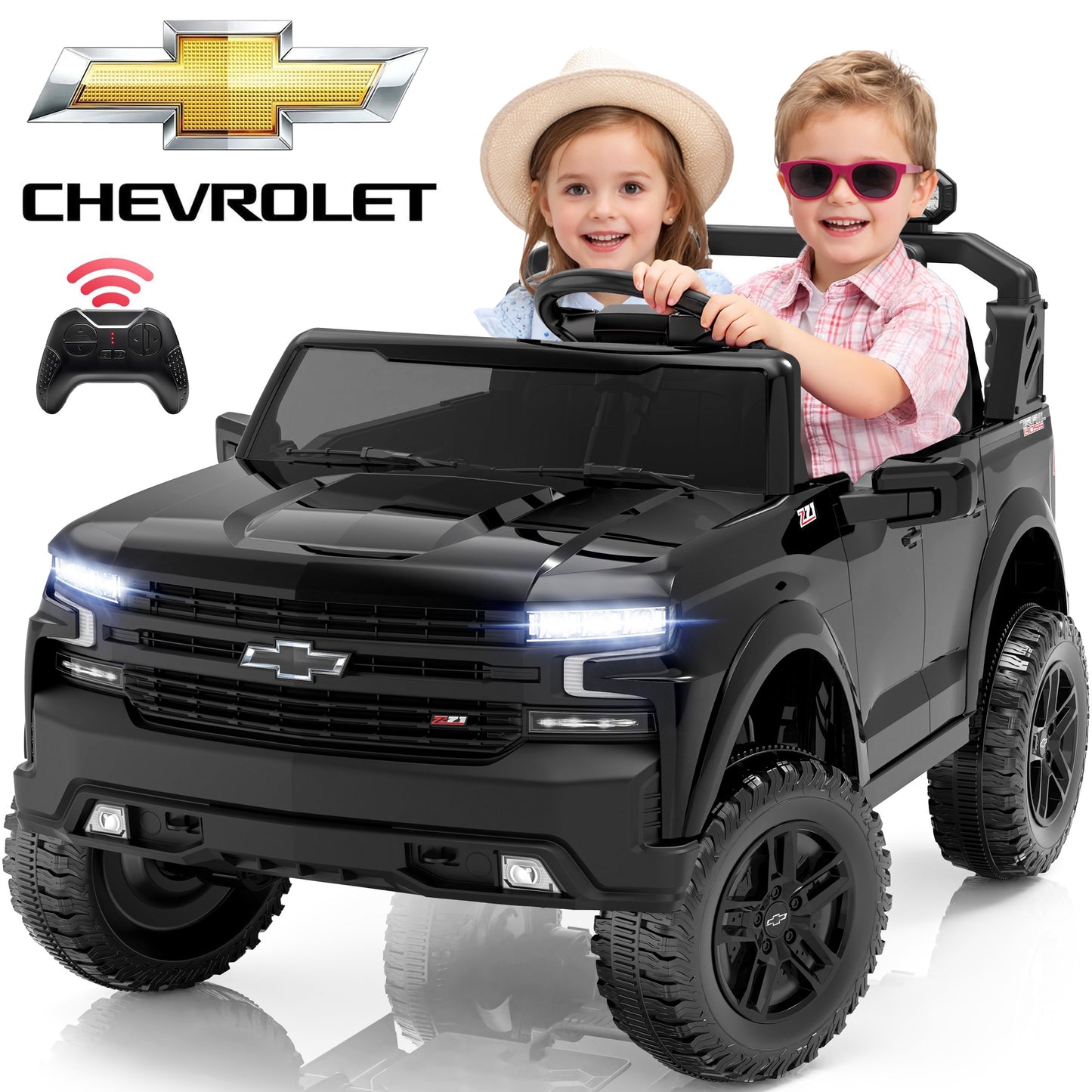 24V Powered Ride on Toys Car, Licensed Chevrolet Silverado 2 Seater Ride on Cars with Remote Control, Spring Suspension, LED Lights, Bluetooth Music, Toddler Electric Car for Kids Ages 3+, Black