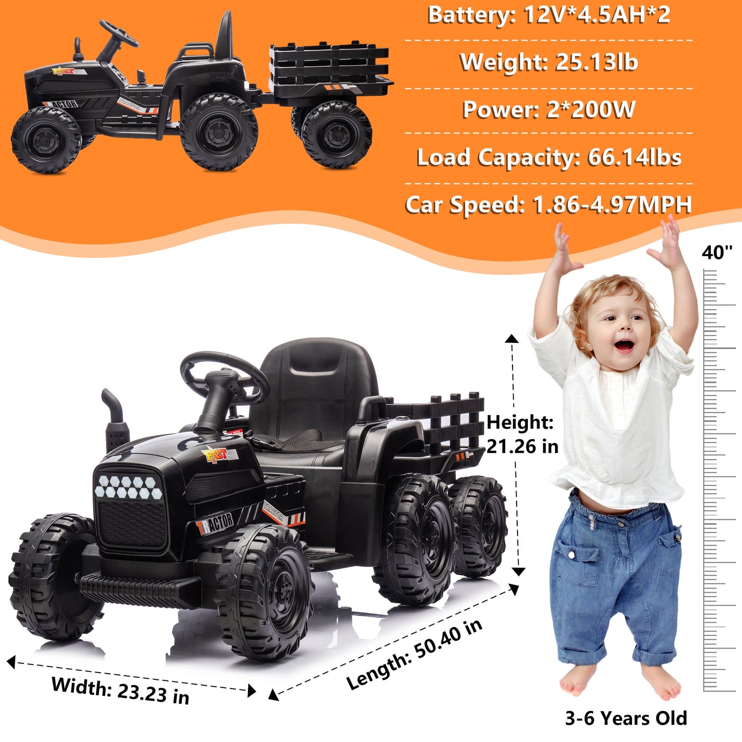 Powered Ride on Toy Tractor, 24V Kids Ride on Car with Remote Control, Electric Vehicles for Kids Toddlers 3-6 Years with 3 Speeds, Bluetooth, Music Player, LED Light, Rear Wheel Suspension, Black