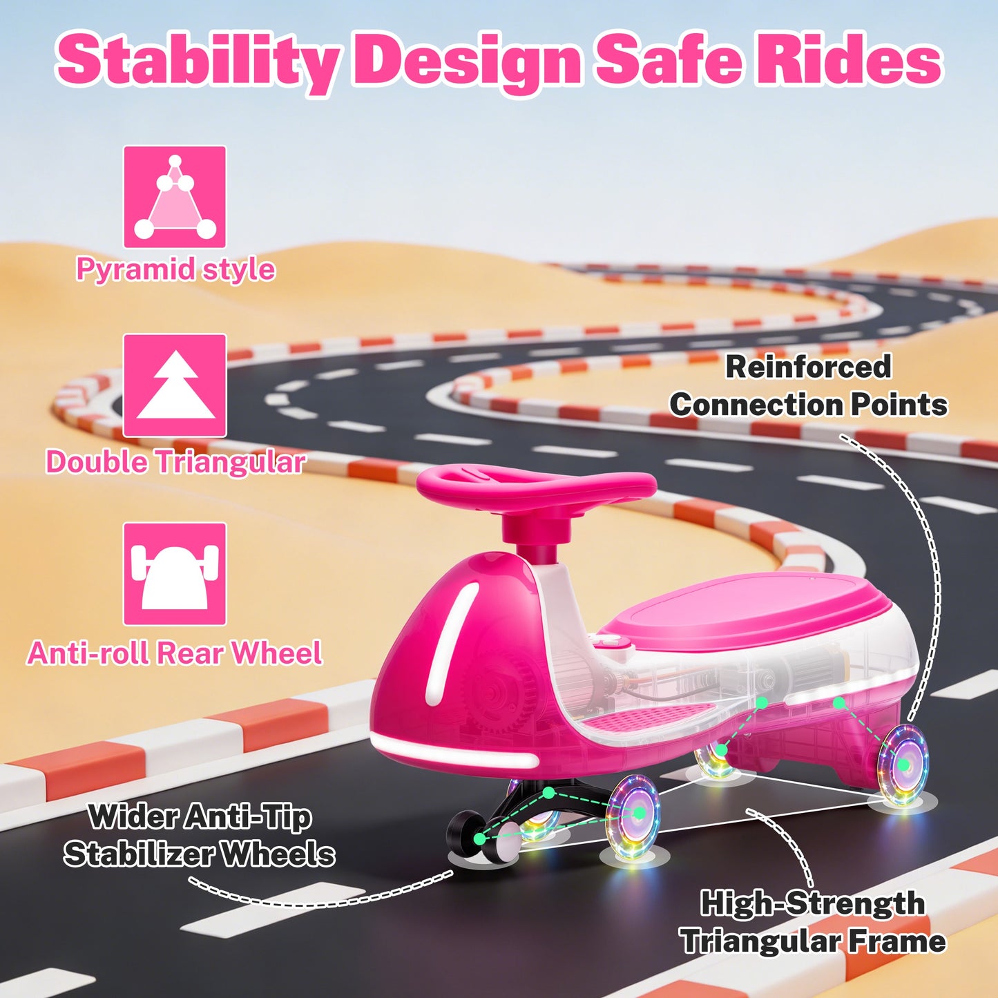 iRerts 12V Ride on Toys, Electric Ride on Wiggle Car with Pedal, 2 in 1 Swing Car Kids Wiggle Car for Toddlers Ages 3+, Kids Cars with Flashing PU Wheels, Bluetooth Music, 5MPH Max Speed, Rose Red