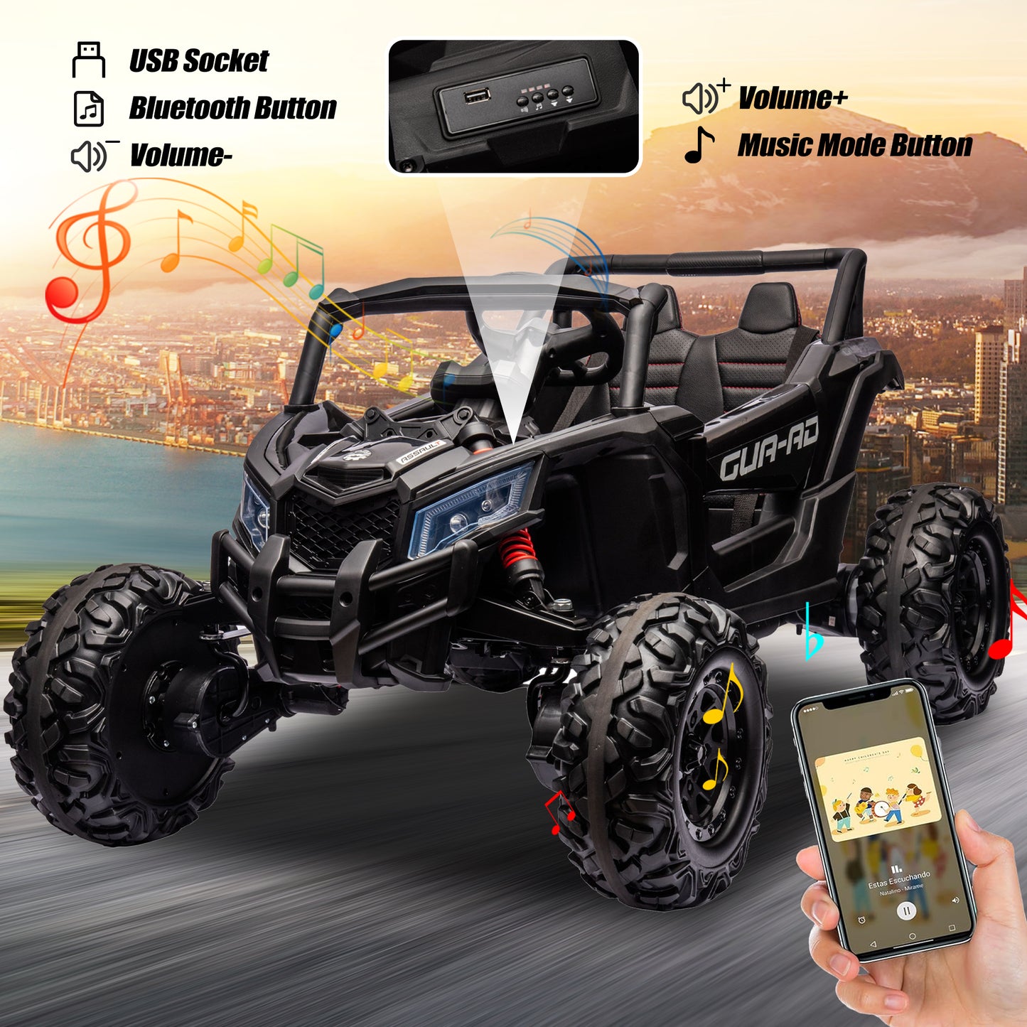 iRerts Black 24V Battery Powered Ride on UTV Cars for Boys Girls, Kids Ride on Toys with Remote Control, Music, LED Light, USB, Bluetooth, Large Seat Kids Electric Vehicle for Christmas Birthday Gifts