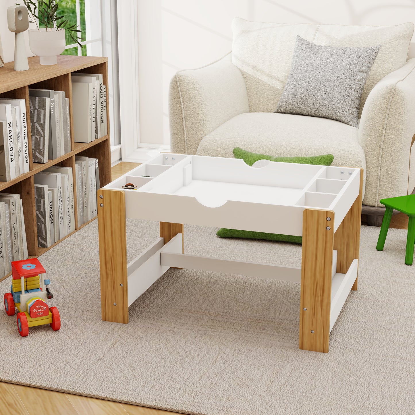 Kids Activity Table, 2 in 1 Reversible Kids Play Table with Building Bricks, Whiteboard, Toy Organizer Compatible, Wood Building Block Desk for Drawing, Reading, Arts, Crafts, White