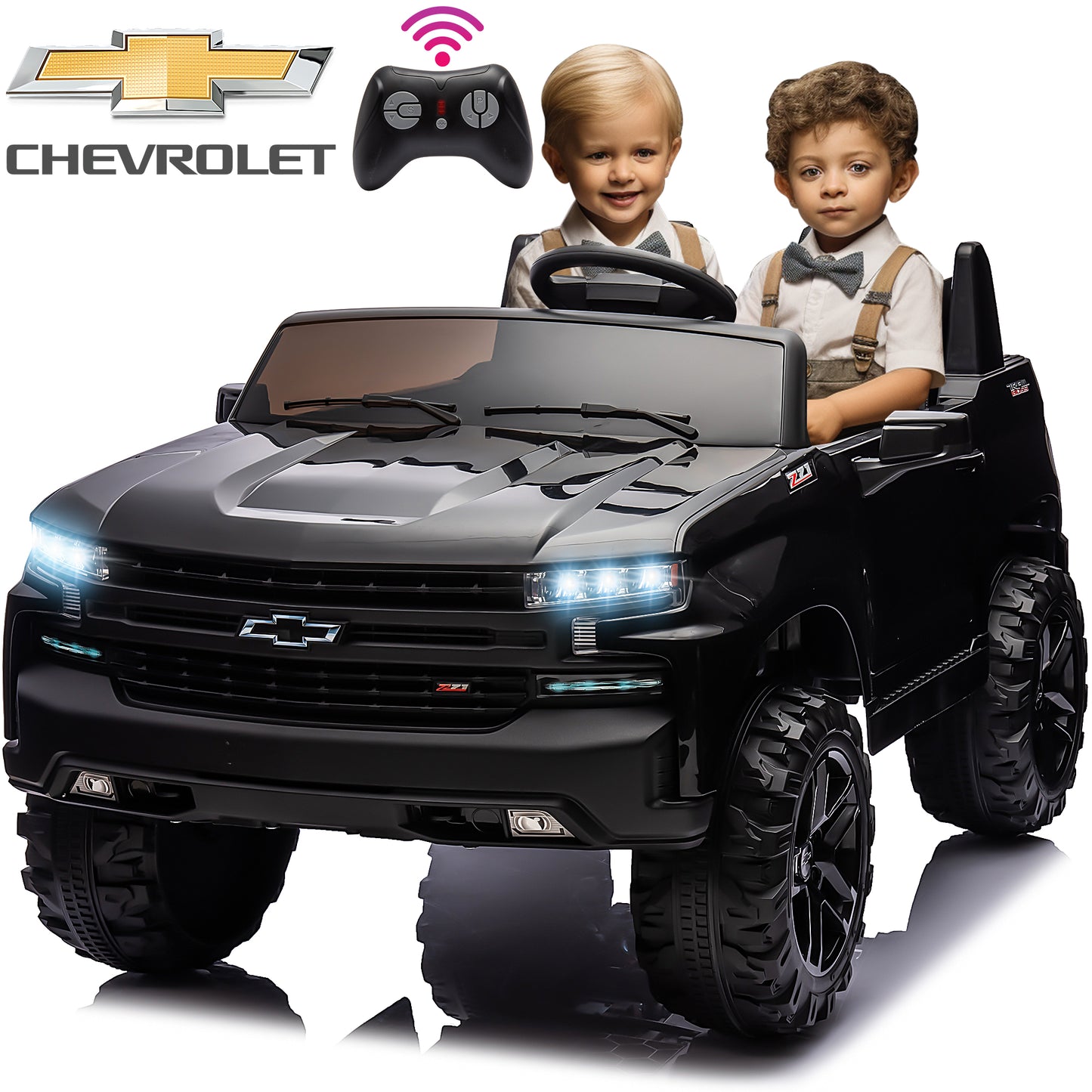 Chevrolet Silverado 24V Ride on Cars with Remote Control, 2 Seater 4 Wheels Kids Electric Cars with Bluetooth, LED Lights, Battery Powered Ride on Truck Toys for Boys Girls Christmas Gifts, Black