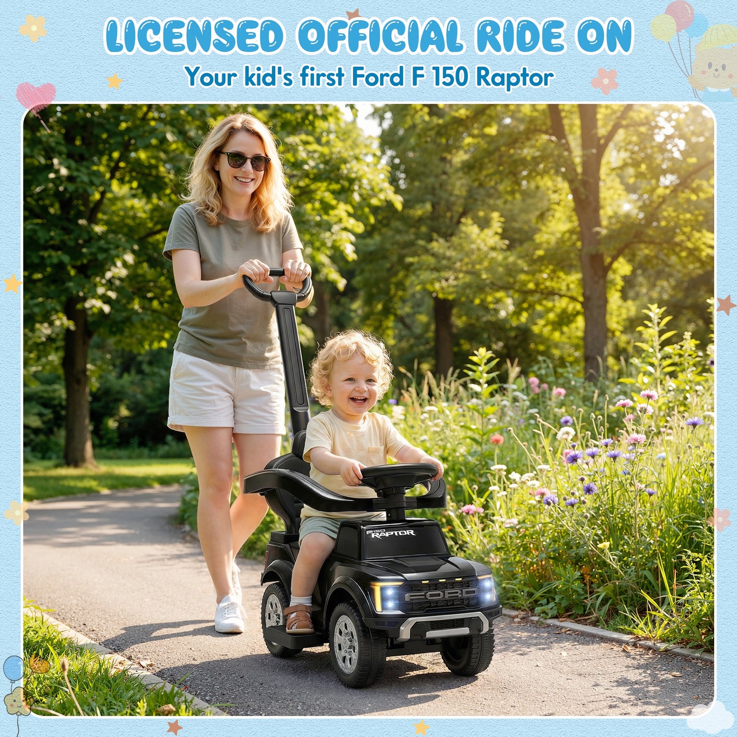 Push Car for Toddlers 1-3, Licensed Ford F-150 3-in-1 Kids Ride on Toy with Parent Push Handle, Foot to Floor Sliding Car with Horn & Lights, Under Seat Storage, Black