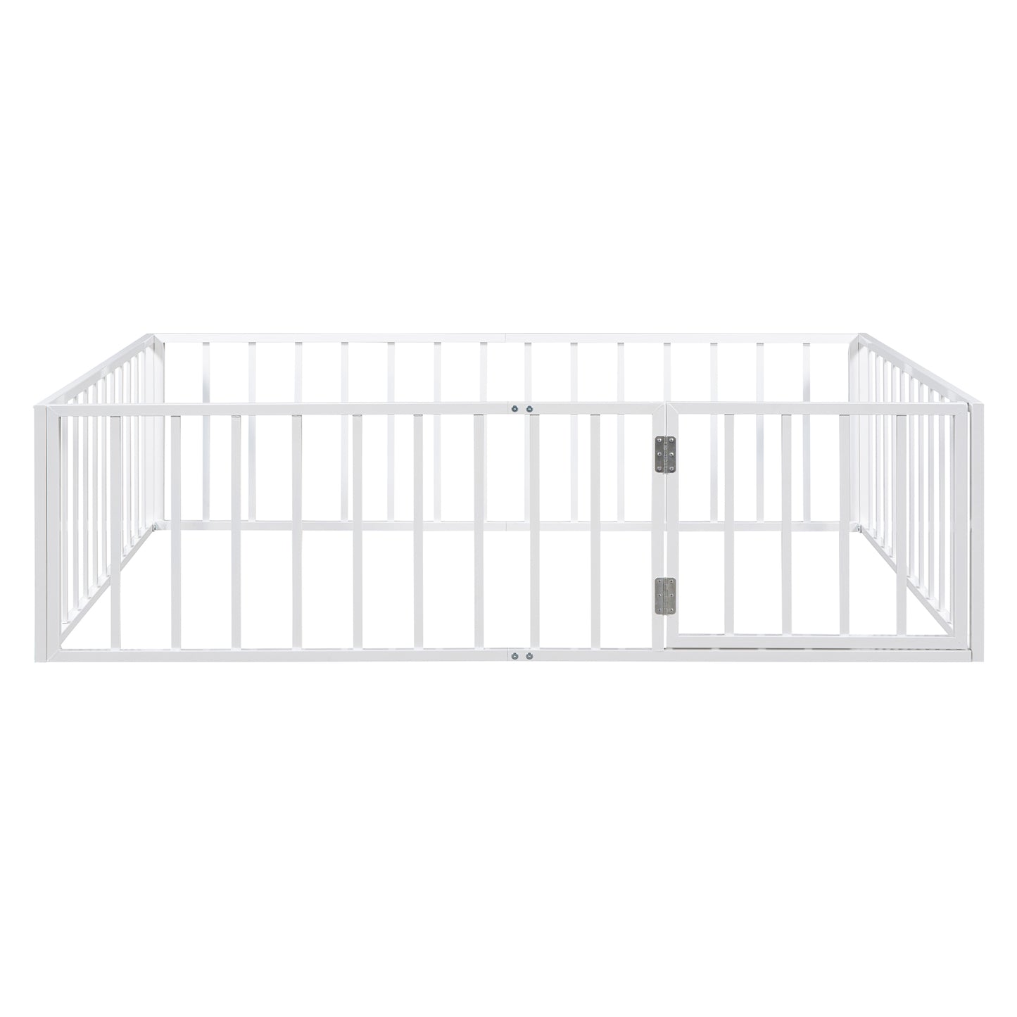 iRerts Full Floor Bed Frame, Metal Full Size Montessori Floor Bed Frame with Fence and Door, Kids Toddler Floor Bed Frame Full Size for Girls Boys, Twin Bed Frame without Bed Slats, White