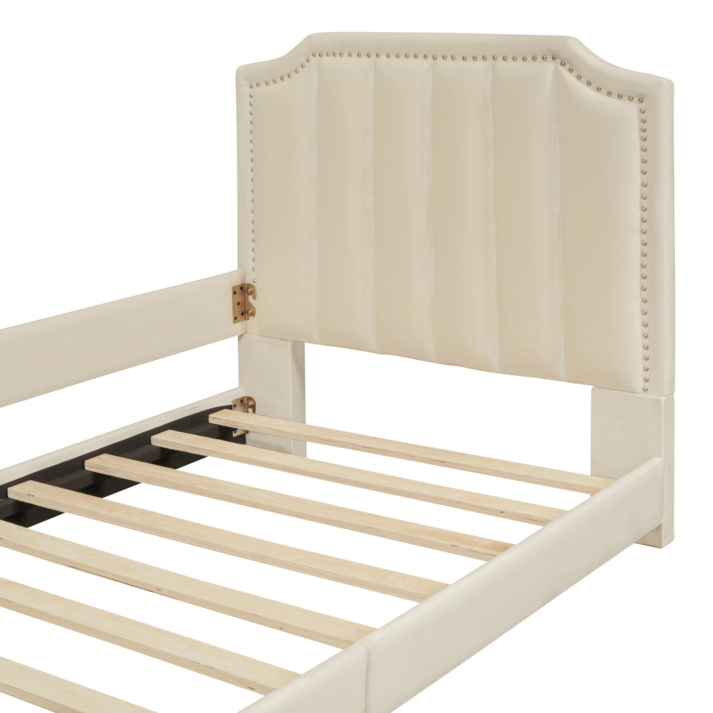 iRerts Upholstered Twin Platform Bed Frame, Velvet Twin Daybed Frame with Classic Stripe Shaped Headboard and Footboard, Wood Twin Size Sofa Bed for Kids Girls Boys, No Box Spring Needed, Beige