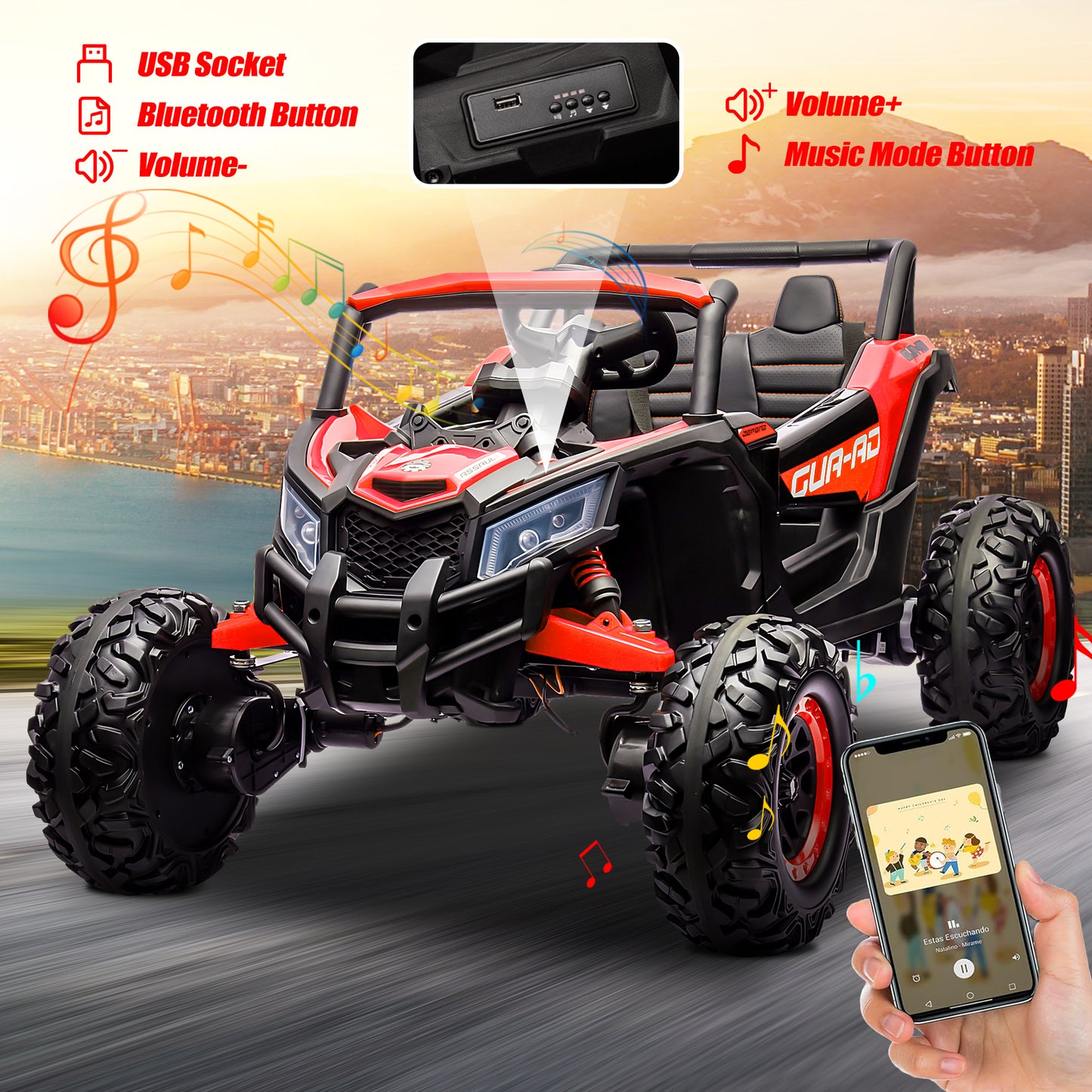 iRerts Red 24V Battery Powered Ride on UTV Cars for Boys Girls, Kids Ride on Toys with Remote Control, Music, LED Light, USB, Bluetooth, Large Seat Kids Electric Vehicle for Christmas Birthday Gifts