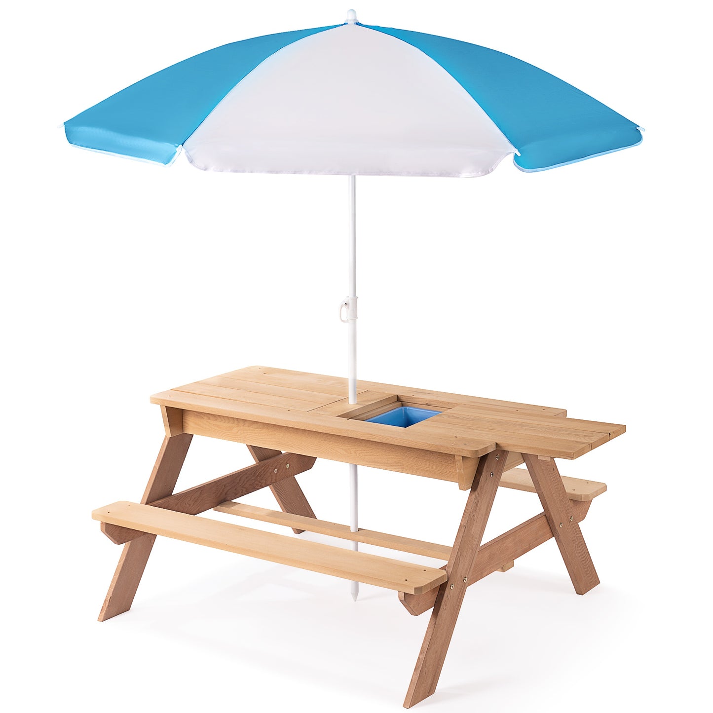 Kids Outdoor Picnic Table Set with Bench, 3 in 1 Sand and Water Activity Table Outdoor Convertible Picnic Table with Umbrella/Removable Tabletop/Play Boxes, Kids Table and Chair Set for Patio, Natural