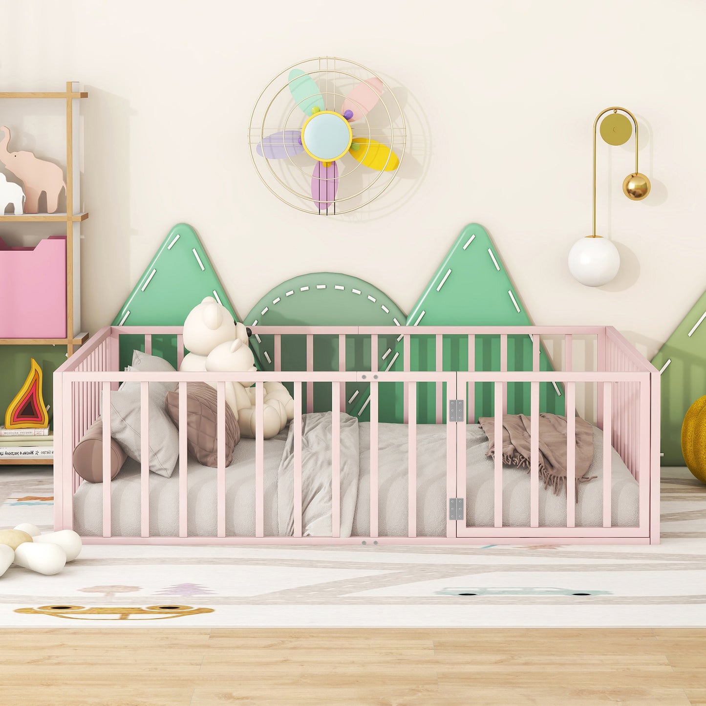 iRerts Full Floor Bed Frame, Metal Full Size Montessori Floor Bed Frame with Fence and Door, Kids Toddler Floor Bed Frame Full Size for Girls Boys, Twin Bed Frame without Bed Slats, Pink