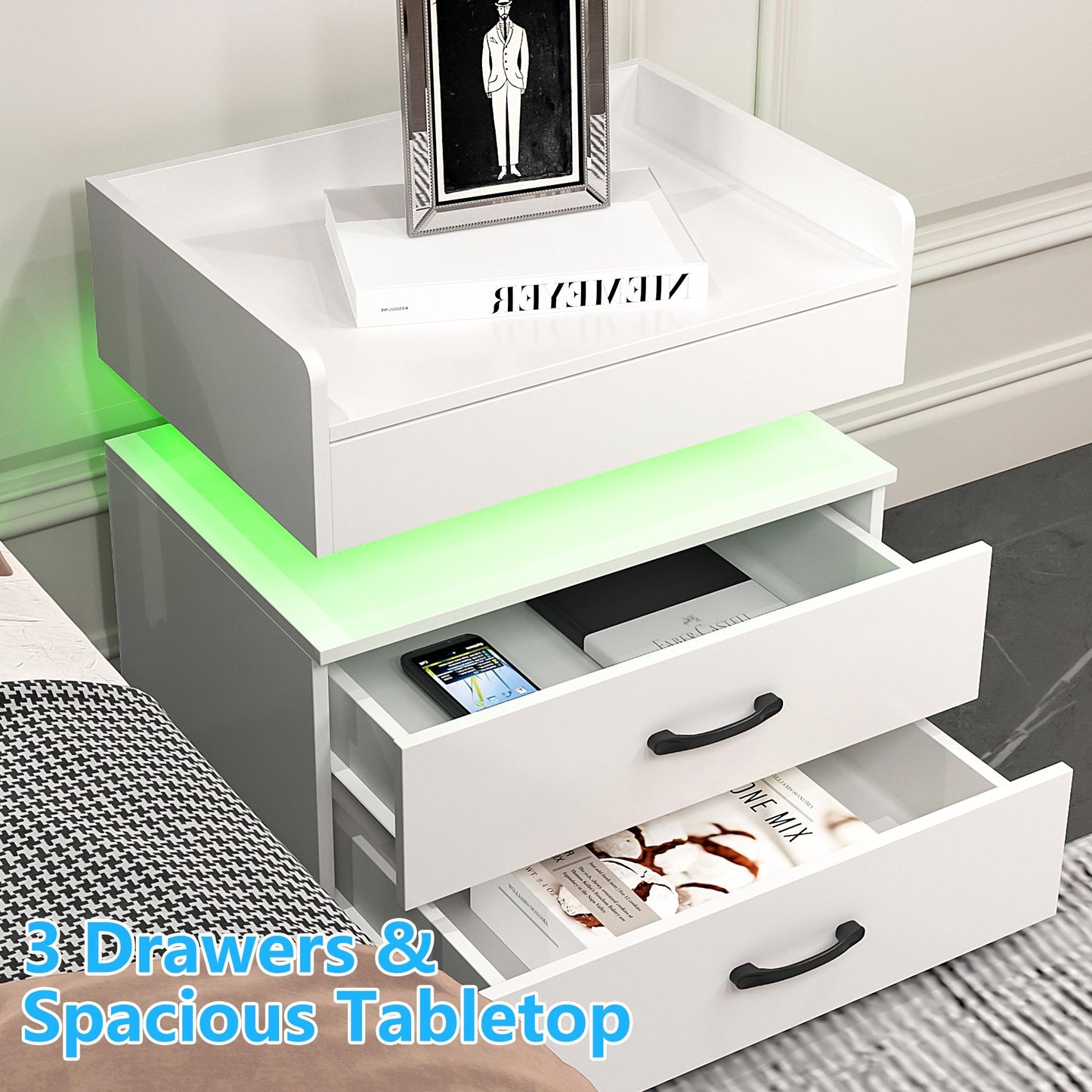 iRerts Bedside Table with Charging Station, Wood High Gloss Nightstand for Bedroom with Plug Outlet, 2 USB Ports, 2 Drawers, 16 LED Lights, Modern Night Stands End Side Table for Bedroom Office, White
