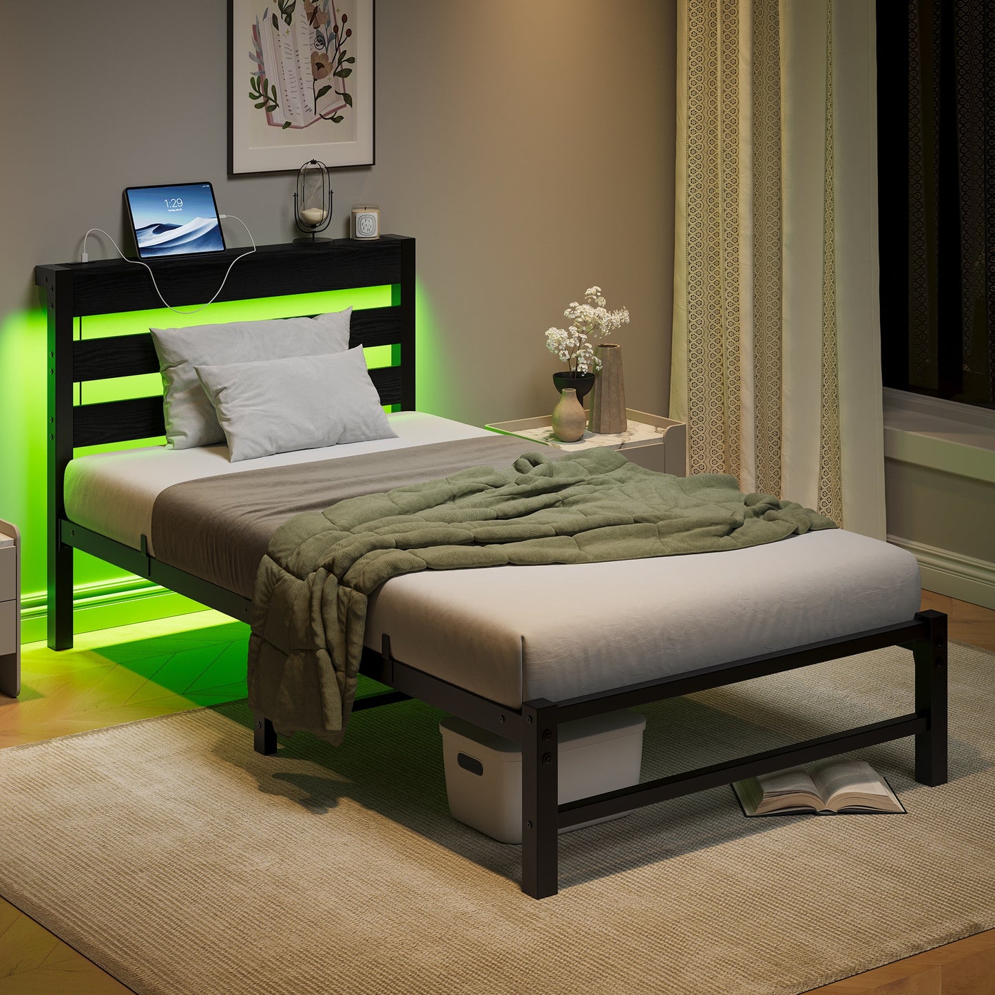 iRerts Twin Bed Frame with Headboard, Metal Platform Bed Frame Twin Size with USB Charging Station, LED Lights, Steel Slats, LED Bed Frame No Box Spring Needed for Bedroom Furniture, Black