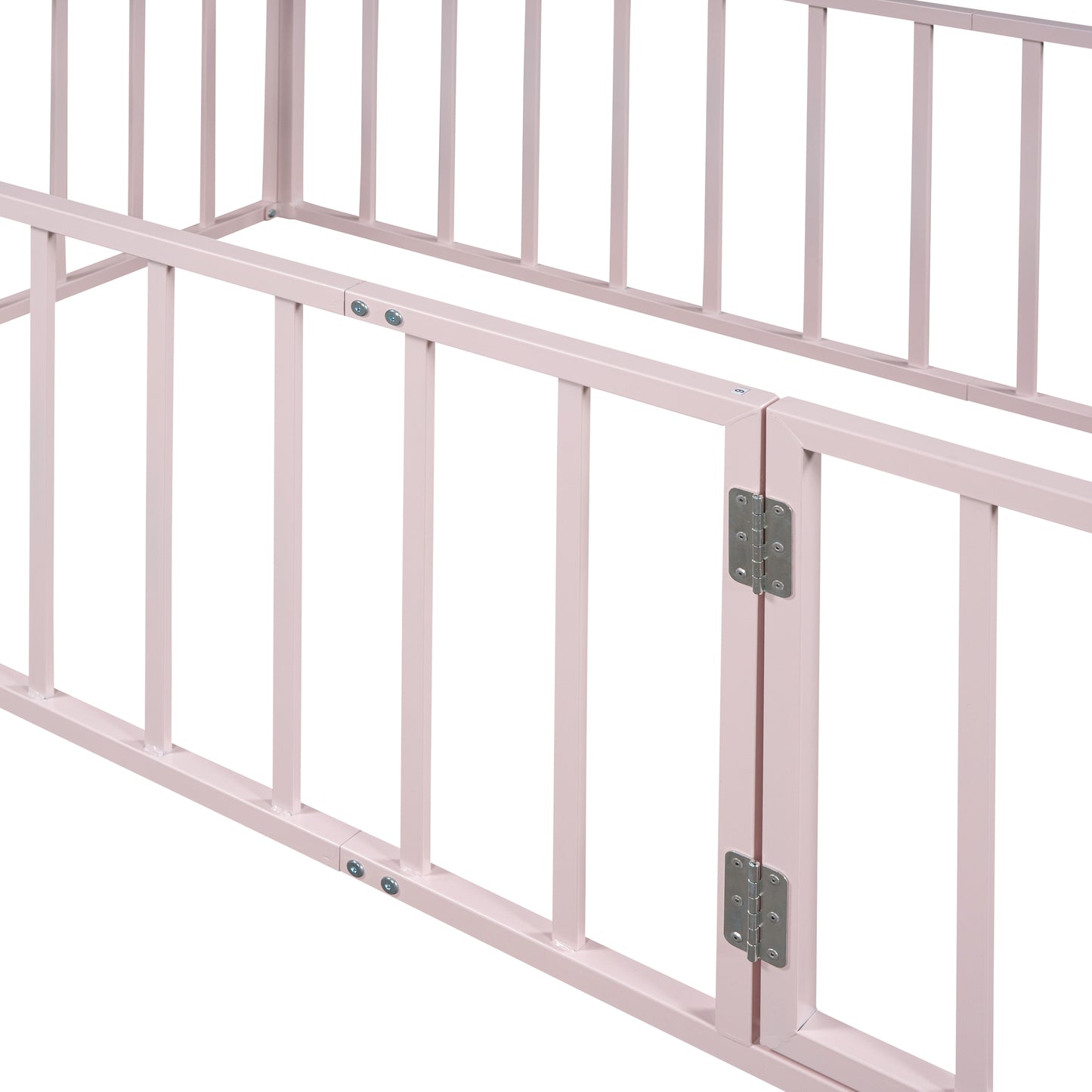 iRerts Twin Floor Bed Frame, Metal Twin Size Montessori Floor Bed Frame with Fence and Door, Kids Toddler Floor Bed Frame Twin Size for Girls Boys, Twin Bed Frame without Bed Slats, Pink