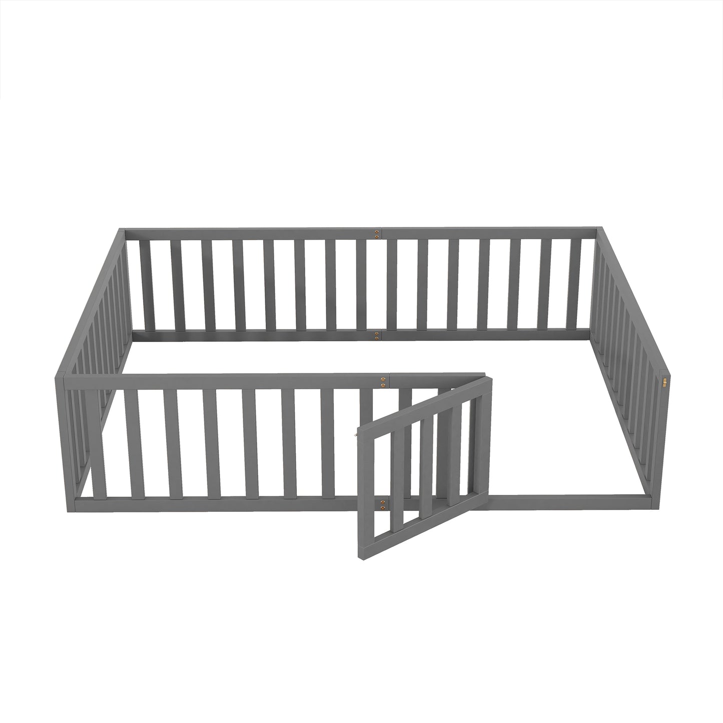 iRerts Queen Floor Bed Frame for Kids Toddlers, Wood Montessori Low Floor Queen Size Bed Frame with Fence Guardrail and Door, kids Queen Bed for Boys Girls, Spring Needed, Gray