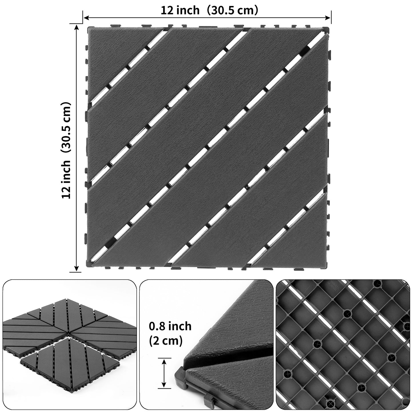 iRerts Plastic Interlocking Deck Tiles, 44 Pack Outdoor Flooring Tiles 12" x 12", All Weather Use, Patio Floor Decking Tiles for Porch Poolside Balcony, Gray