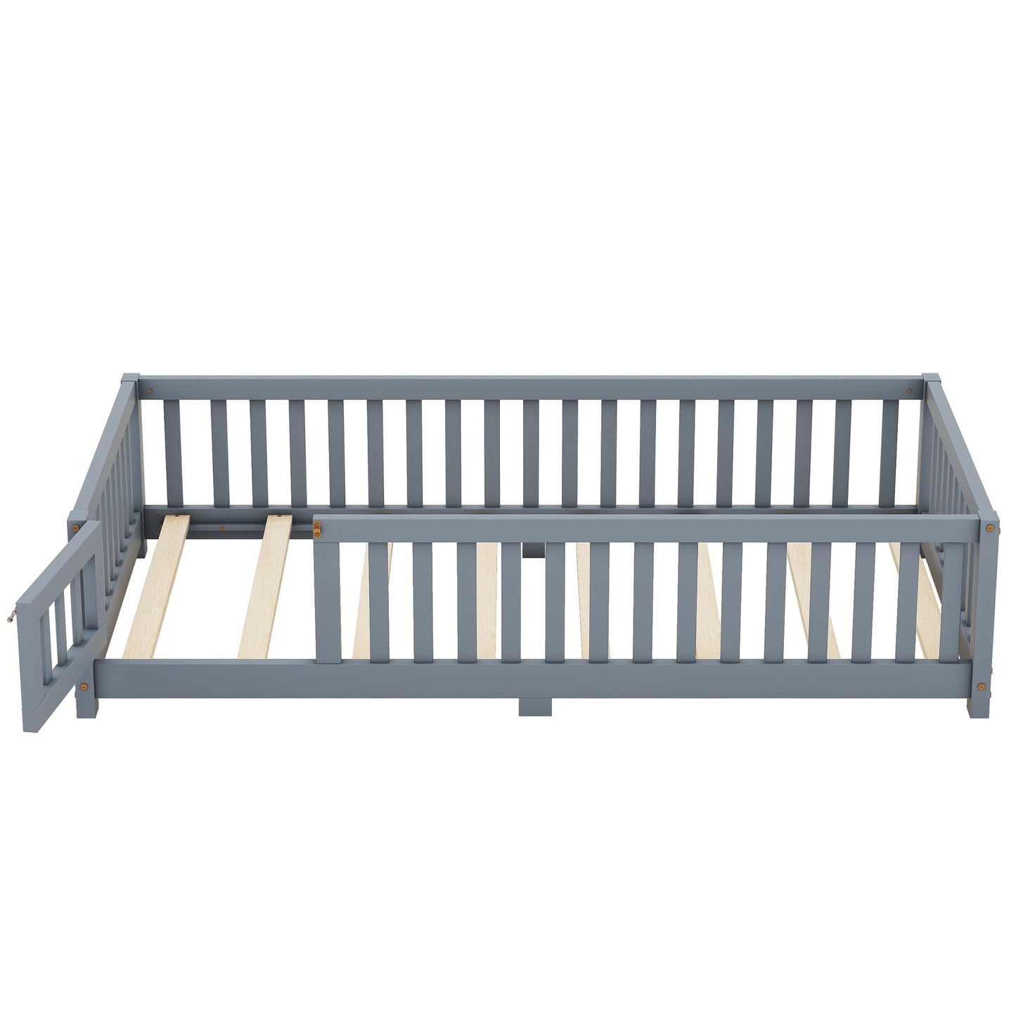 iRerts Twin Floor Bed Frame for Toddlers Kids, Wood Twin Montessori Bed Frame with Slats, Fence, Door, Kids Montessori Bed Twin Size, Twin Toddler Bed Frame for Boys Girls, Gray