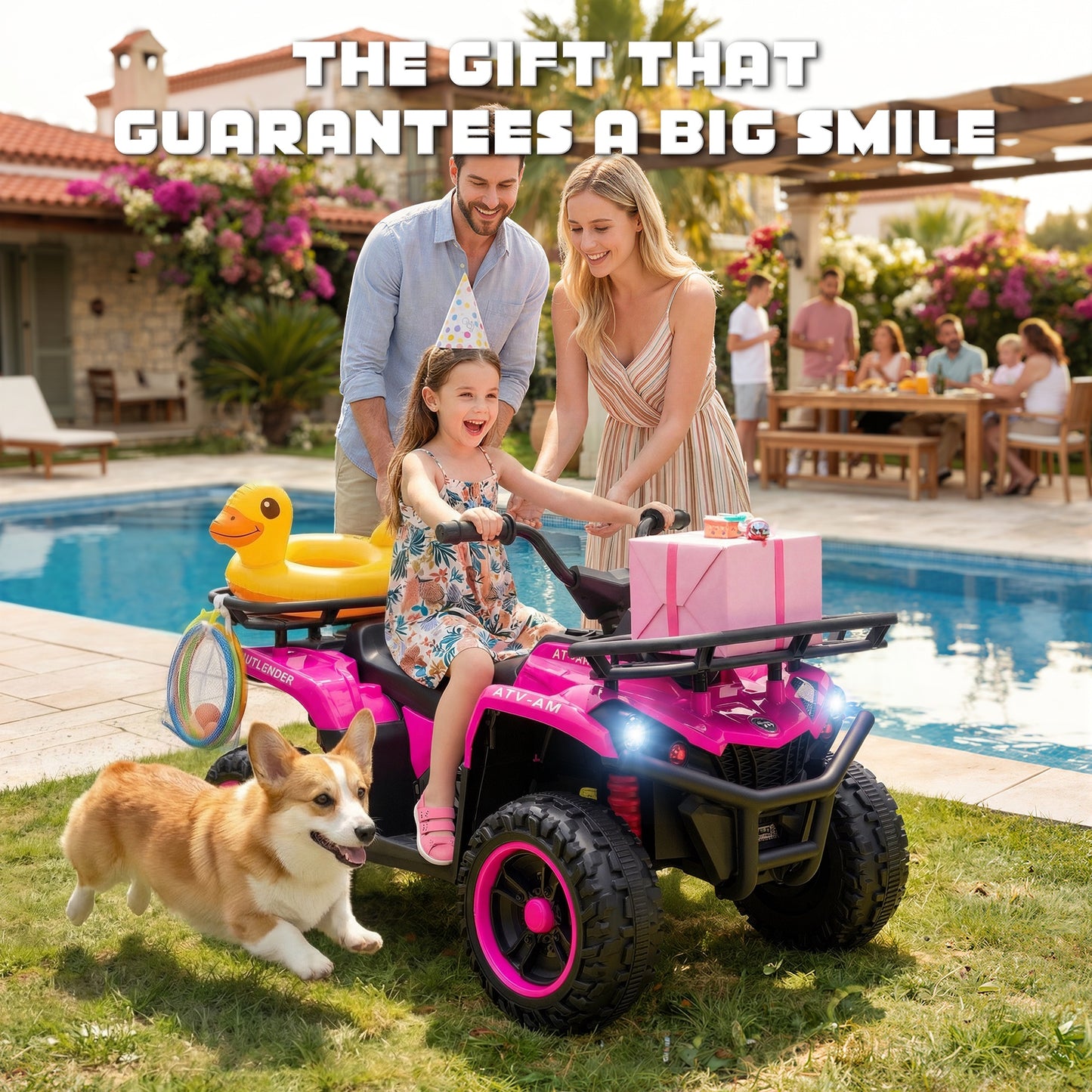 iRerts 24V Ride on ATV, Powered Ride on Toys for Kids Boys Girls Ages 3-5, Kids 4 Wheeler Electric Cars with Bluetooth, Music, LED Headlights, Front Rear Storage Racks, Crash Bars, Pink