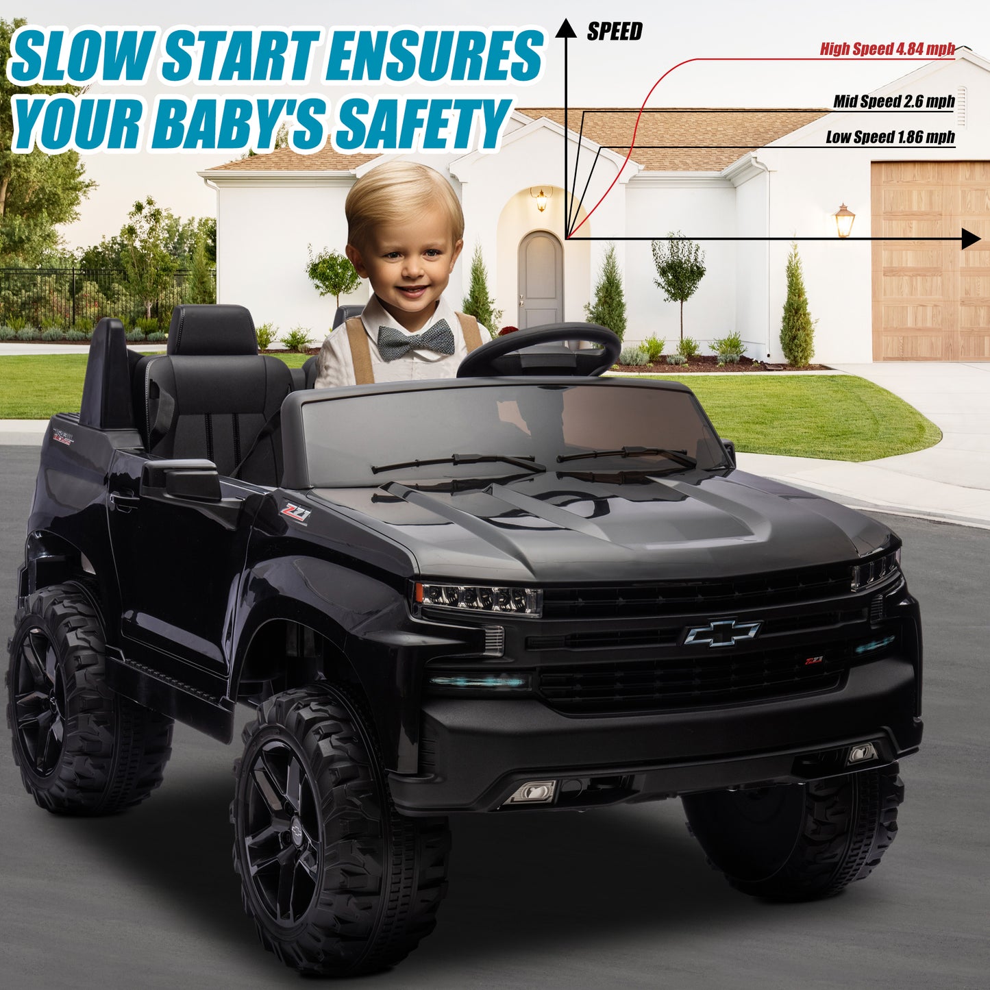 Chevrolet Silverado 24V Ride on Cars with Remote Control, 2 Seater 4 Wheels Kids Electric Cars with Bluetooth, LED Lights, Battery Powered Ride on Truck Toys for Boys Girls Christmas Gifts, Black