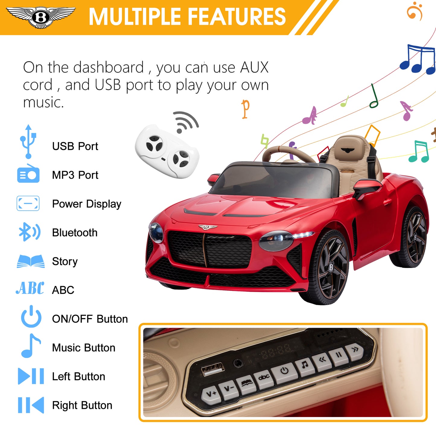 12V Ride On Car with Remote Control, Licensed Bentley Mulsanne Kids Electric Car with Bluetooth, Music, USB, MP3, LED Light, Battery Powered Electric Ride On Vehicle for Boy Girl Birthday Gift, Red