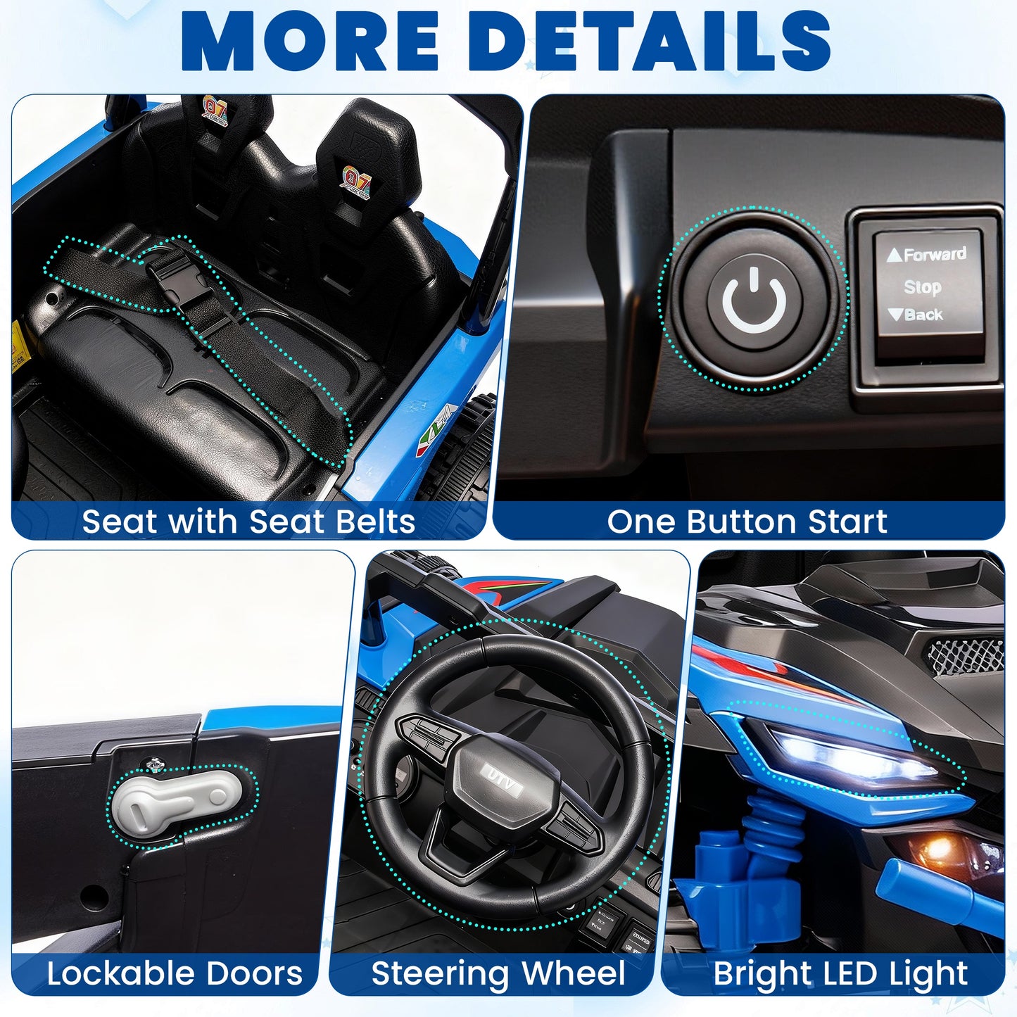 iRerts 24V Powered Ride on Car UTV, Kids Ride on Toys with Remote Control, Bluetooth, Music, 4 Wheels Suspension, LED Light, Kids Cars 4 Wheeler Electric Vehicles for Boys Girls Ages 3-5 Gifts, Blue