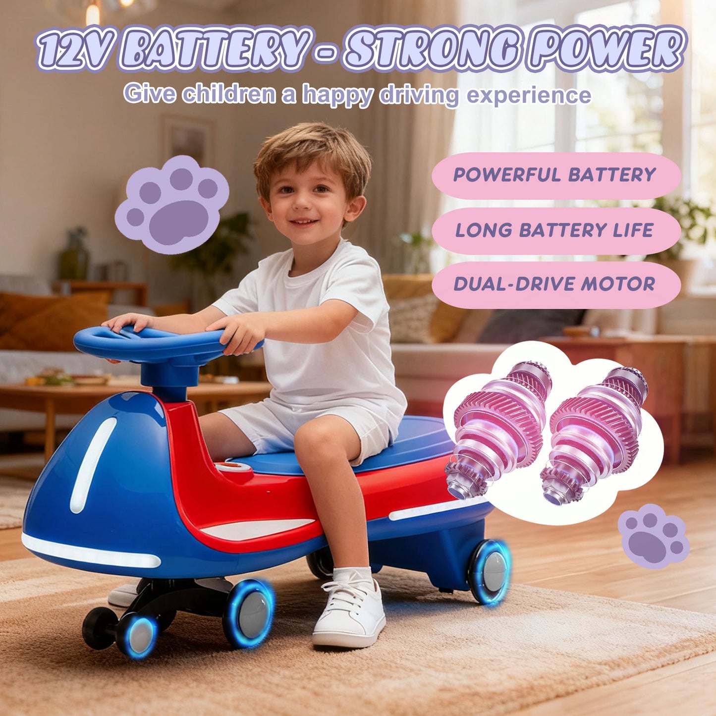 12V Electric Wiggle Car, Powered Ride on Toys for Kids with Flashing PU Wheels, Bluetooth Music, 2-in-1 Swing Car Kids Electric Vehicles for Boys Girls Ages 3+, Blue+Red