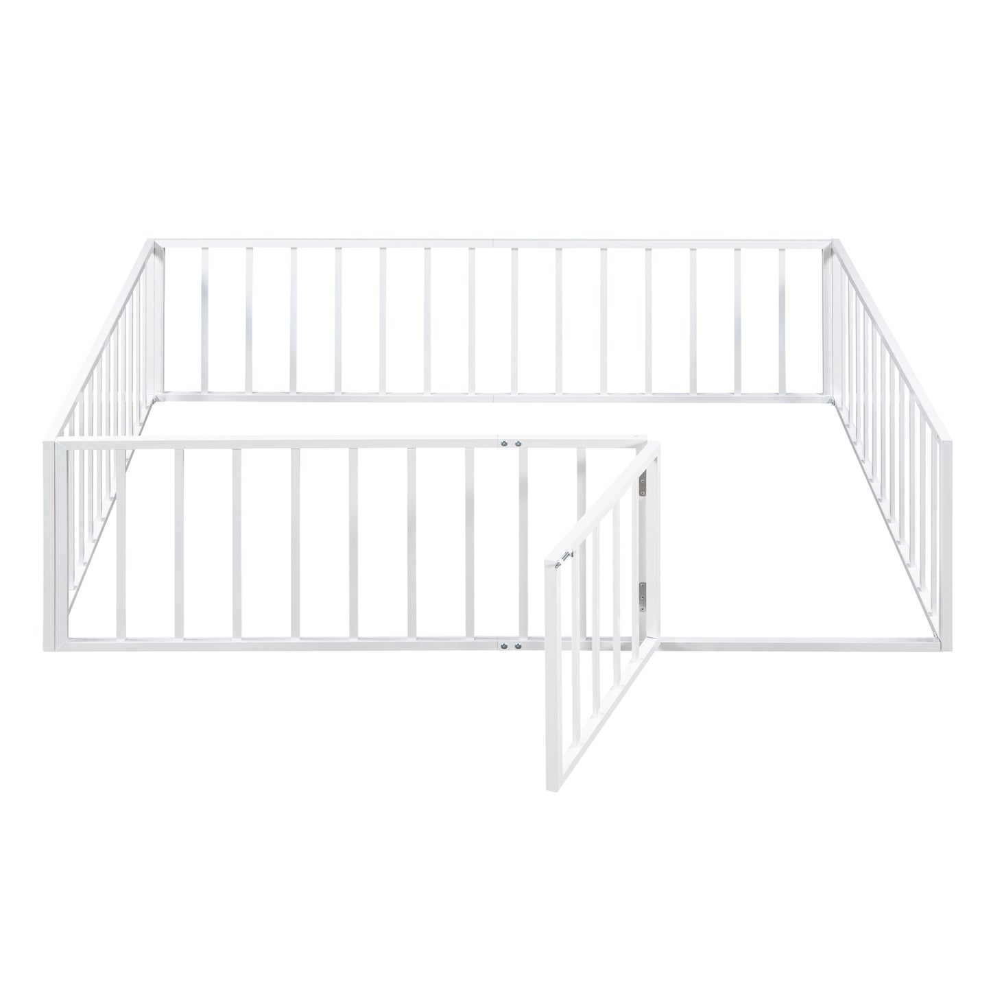 iRerts Full Floor Bed Frame, Metal Full Size Montessori Floor Bed Frame with Fence and Door, Kids Toddler Floor Bed Frame Full Size for Girls Boys, Twin Bed Frame without Bed Slats, White