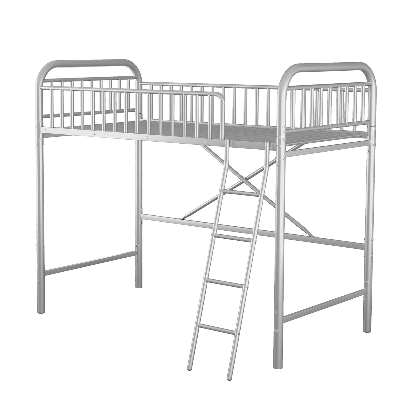 iRerts Twin Size Loft Bed, Metal Loft Bed Twin for Kids Teens Adults, Twin Loft Bed with Ladder and Full-Length Guardrail, Twin Metal Loft Bed for Bedroom Dorm Guest Room, No Box Spring Needed, Silver