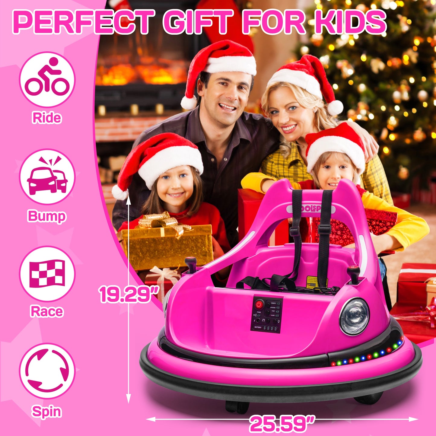 iRerts 12V Bumper Car, Ride on Electric Bumper Car for Kids Toddlers, Battery Powered Ride on Toys with Remote Control, Bluetooth, Music, LED Light, 360¡ãSpin, Gifts for 2-5 Year Old Boys Girls, Pink