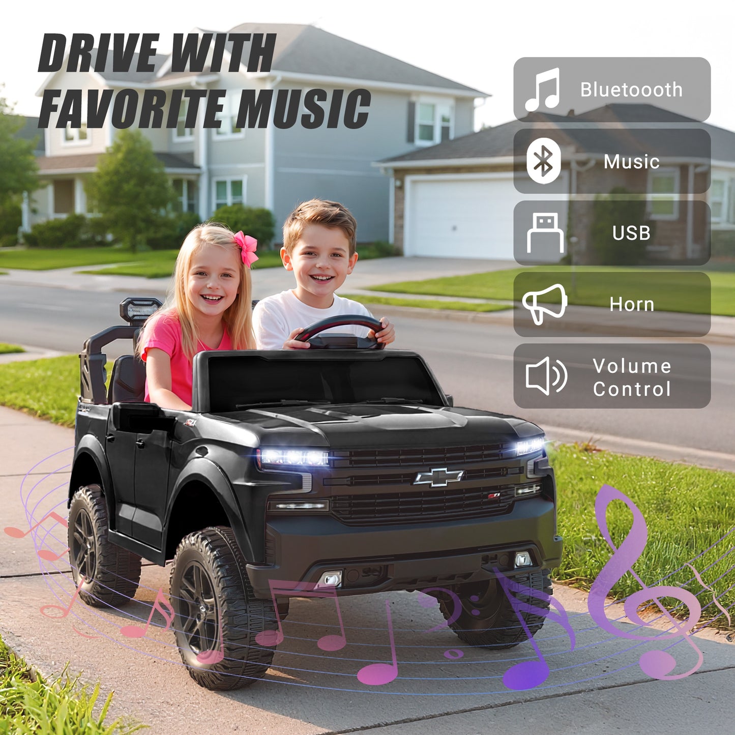24V Powered Ride on Toys Car, Licensed Chevrolet Silverado 2 Seater Ride on Cars with Remote Control, Spring Suspension, LED Lights, Bluetooth Music, Toddler Electric Car for Kids Ages 3+, Black