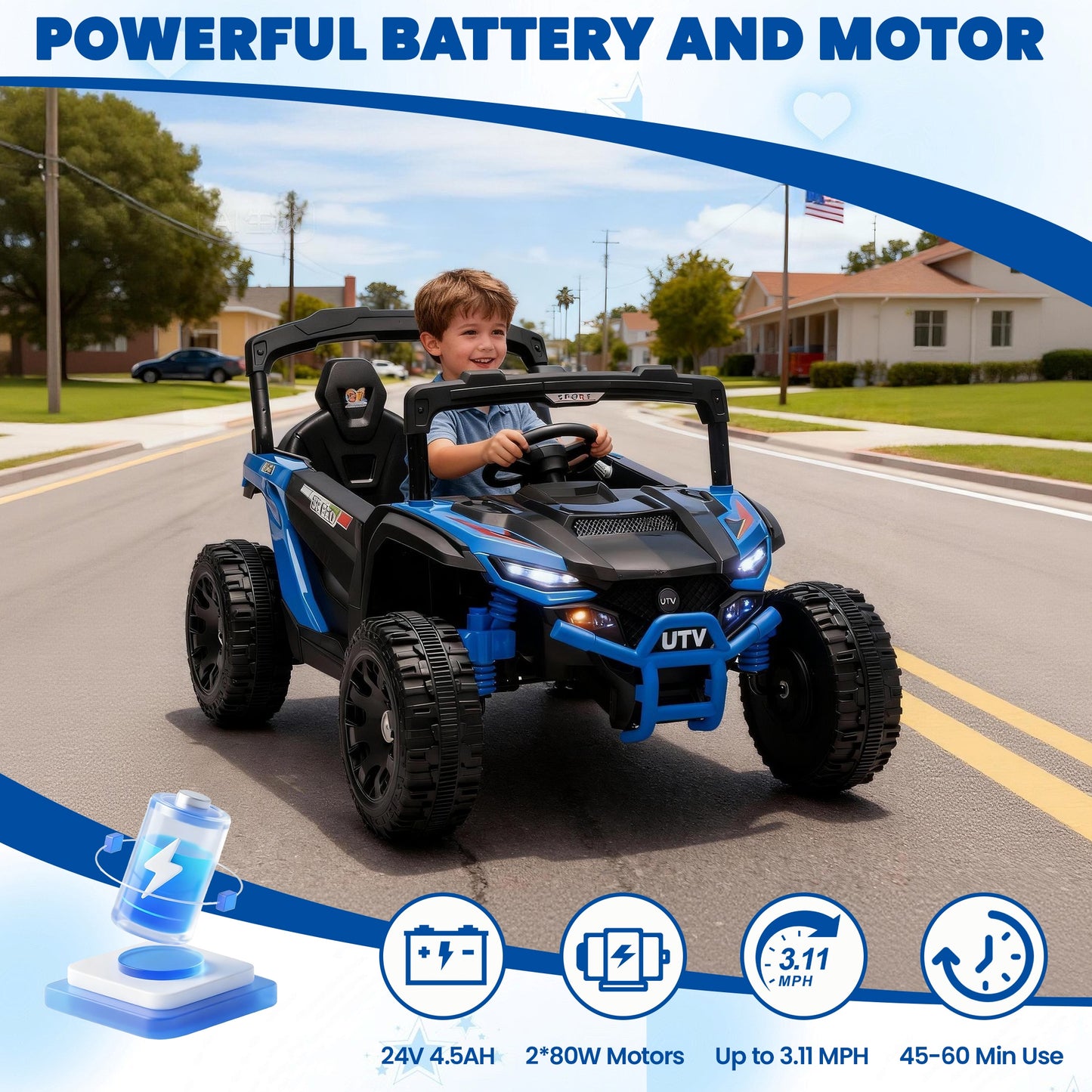 iRerts 24V Powered Ride on Car UTV, Kids Ride on Toys with Remote Control, Bluetooth, Music, 4 Wheels Suspension, LED Light, Kids Cars 4 Wheeler Electric Vehicles for Boys Girls Ages 3-5 Gifts, Blue