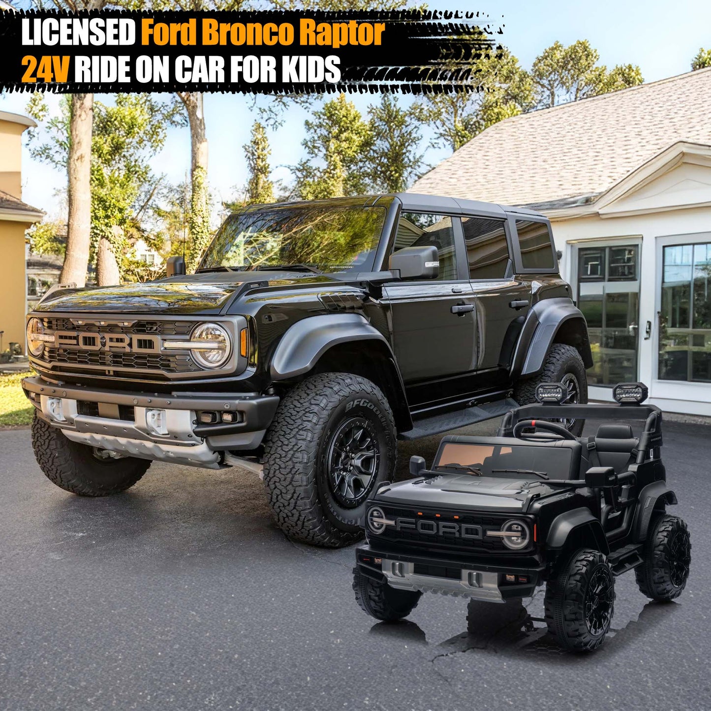 Ford Bronco Raptor 24V Ride on Toys, 2 Seater Ride on Cars with Remote Control, Bluetooth Music, Spring Suspension, Battery Powered Electric Car for Kids Ages 3-8, Black