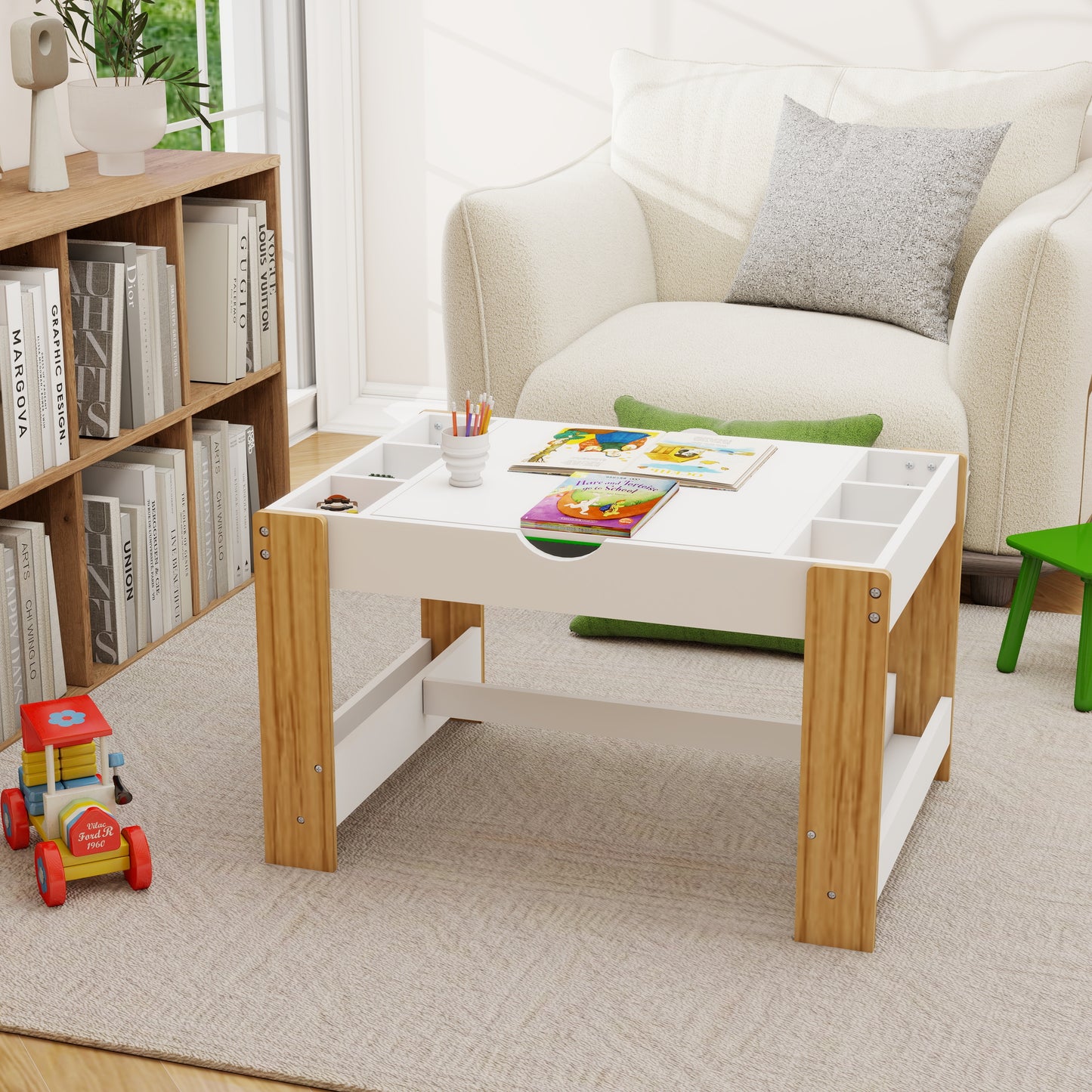 Kids Activity Table, 2 in 1 Reversible Kids Play Table with Building Bricks, Whiteboard, Toy Organizer Compatible, Wood Building Block Desk for Drawing, Reading, Arts, Crafts, White