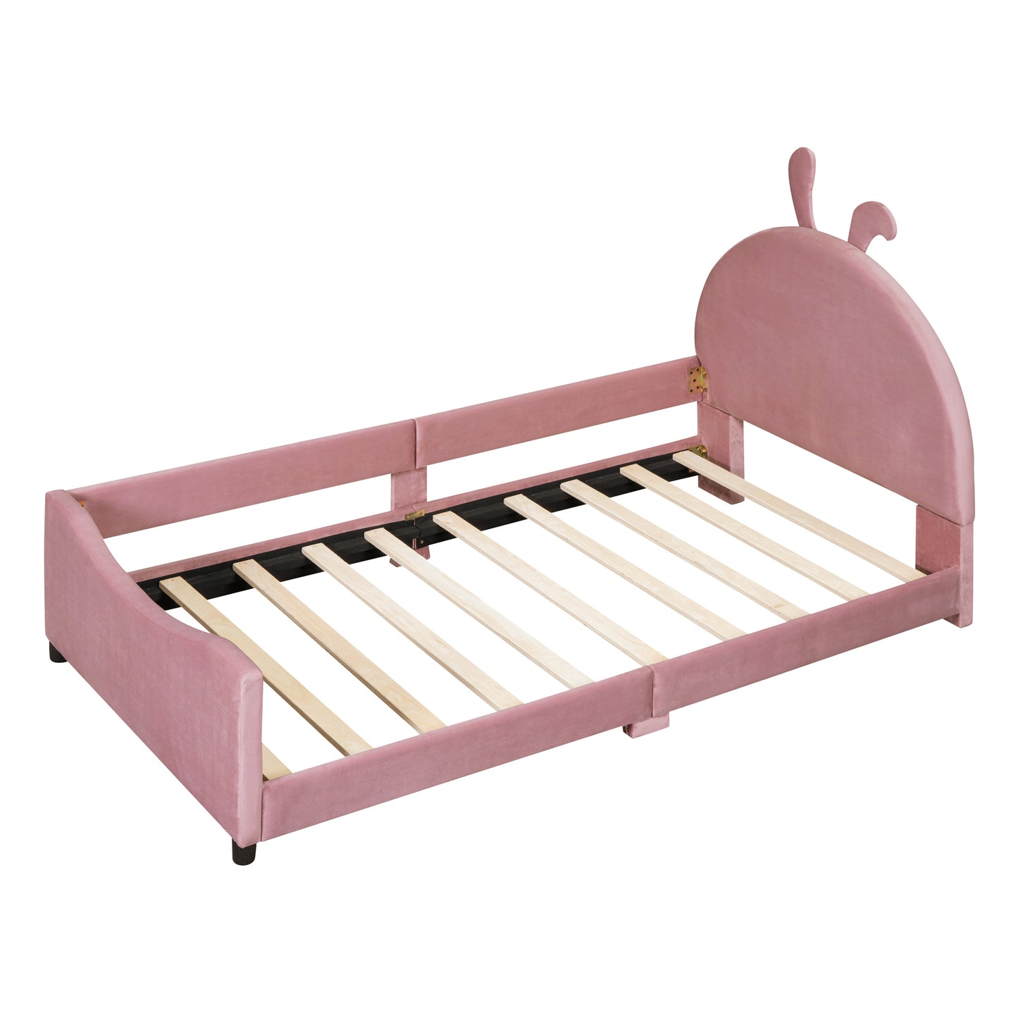 iRerts Upholstered Twin Daybed Frame for Kids, Velvet Twin Platform Bed Frame with Rabbit Ear Shaped Headboard and Footboard, Wood Twin Size Sofa Bed for Girls Boys, Pink