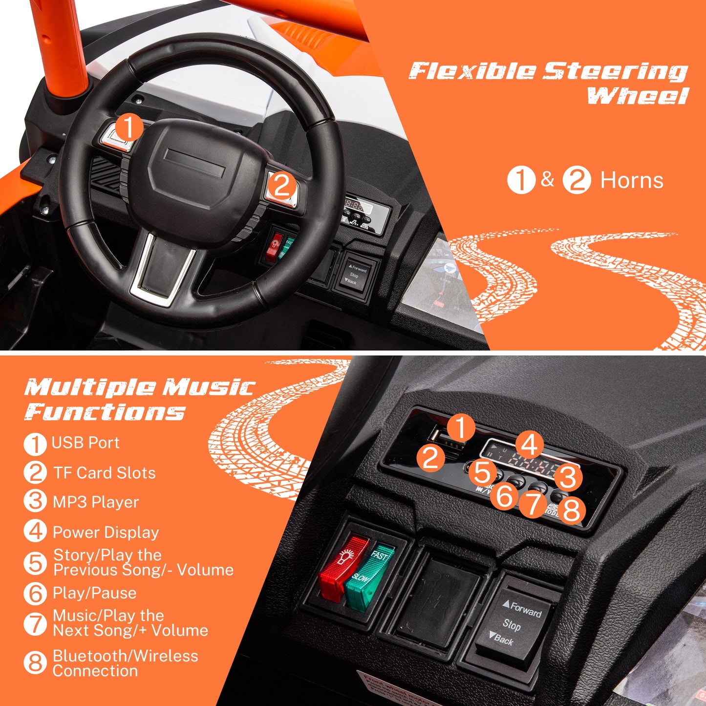 iRerts 24V Ride on UTV Cars 2 Seater, Kids Electric Ride on Toy Car with Remote Control, Music, LED Light, USB, Bluetooth, Kids Electric Vehicle for Christmas Birthday Gifts, Orange