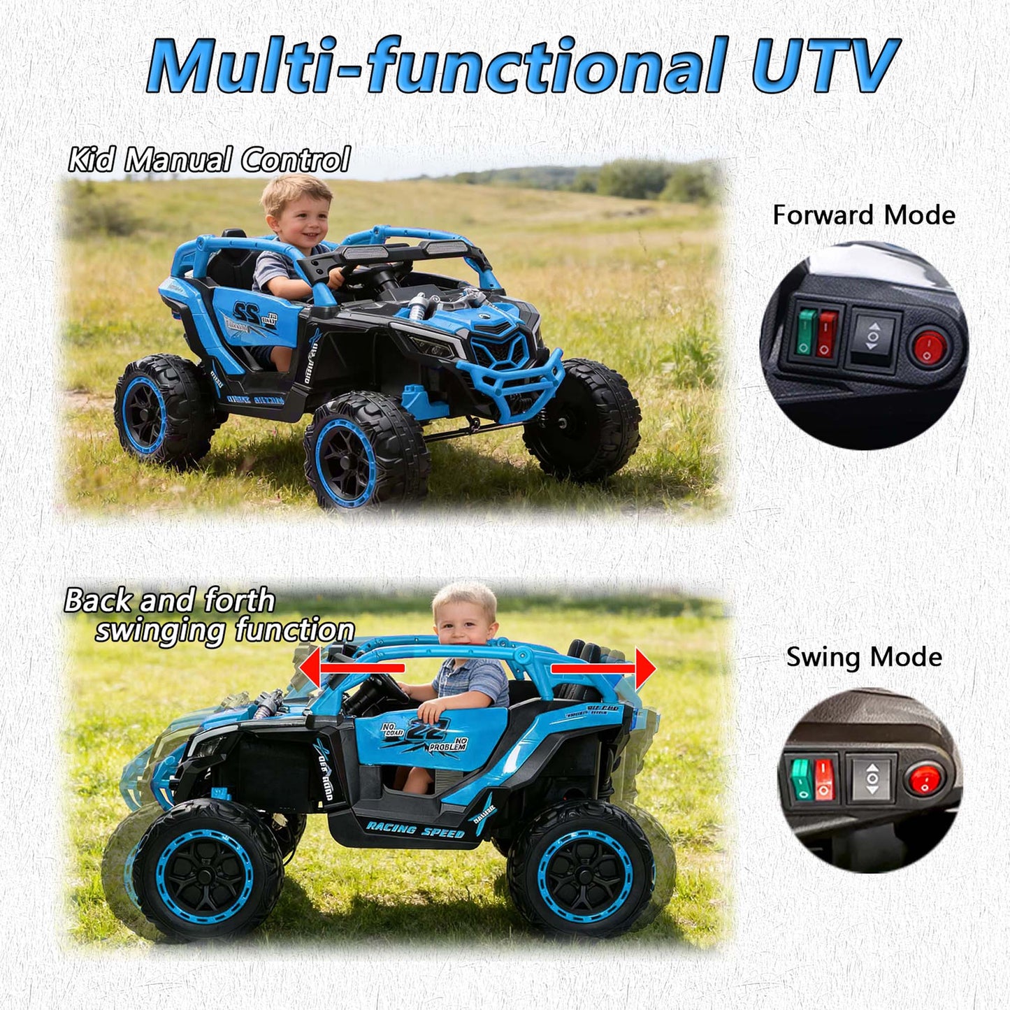 iRerts 24V Ride on Toys with Parents Remote Control, Ride on UTV Car with Bluetooth, MP3 Port, Music, LED Lights, 4 Shock Absorbers, Battery Powered Electric Car for Kids Ages 2-6, Blue