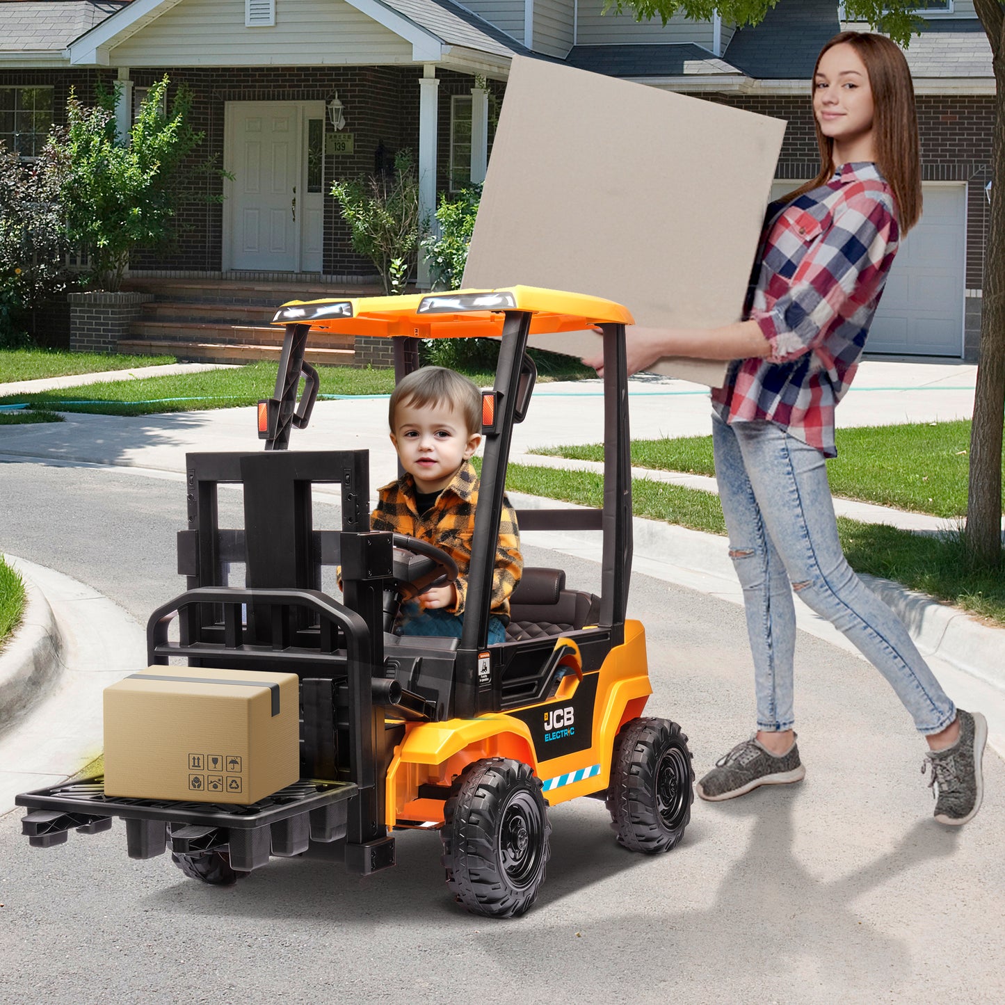 JCB 12V Ride on Forklift for Kids Ride on Car with Remote Control Ride on Toy for Toddler, 3 Speed, Electric Ride on Truck for 3-6 Boys and Girls