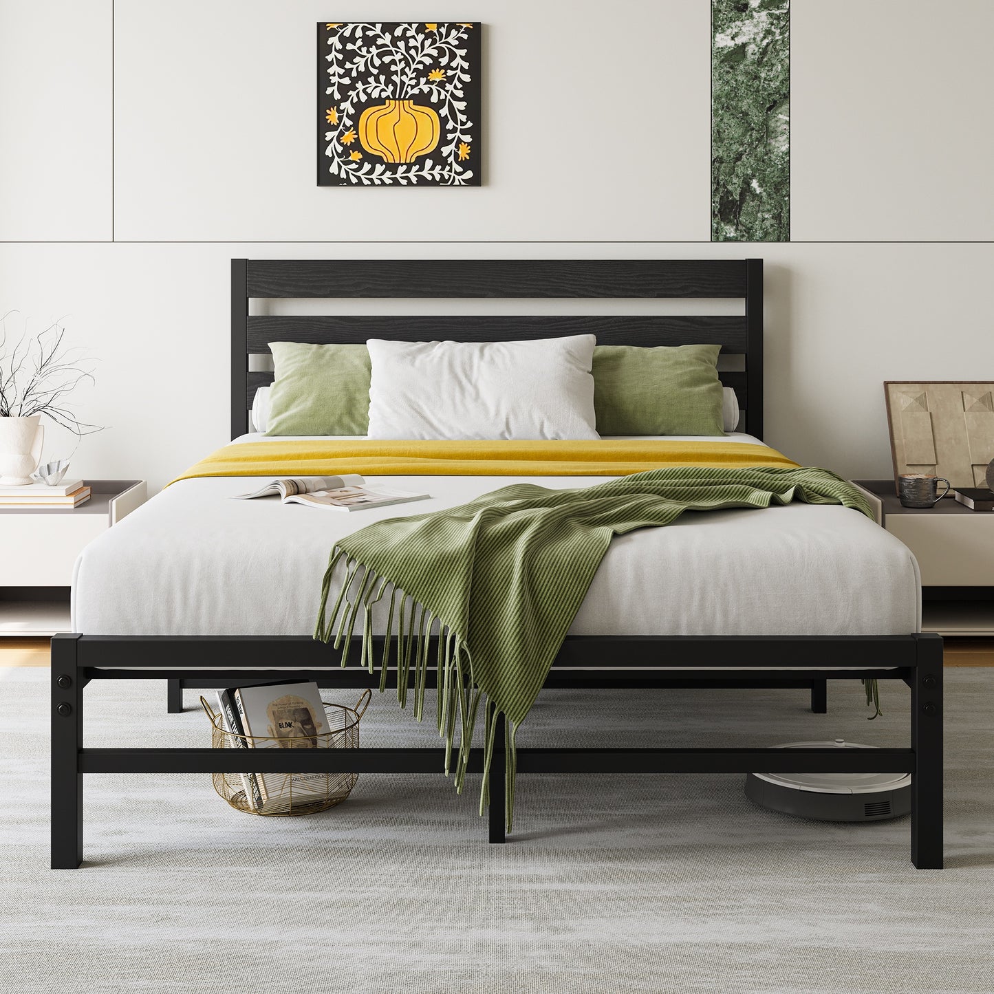 iRerts Full Bed Frame with Headboard, Metal Platform Bed Frame No Box Spring Needed, Bed Frame Full Size with Metal Support,  Noise-Free, Under Bed Storage, Easy Assembly, Black