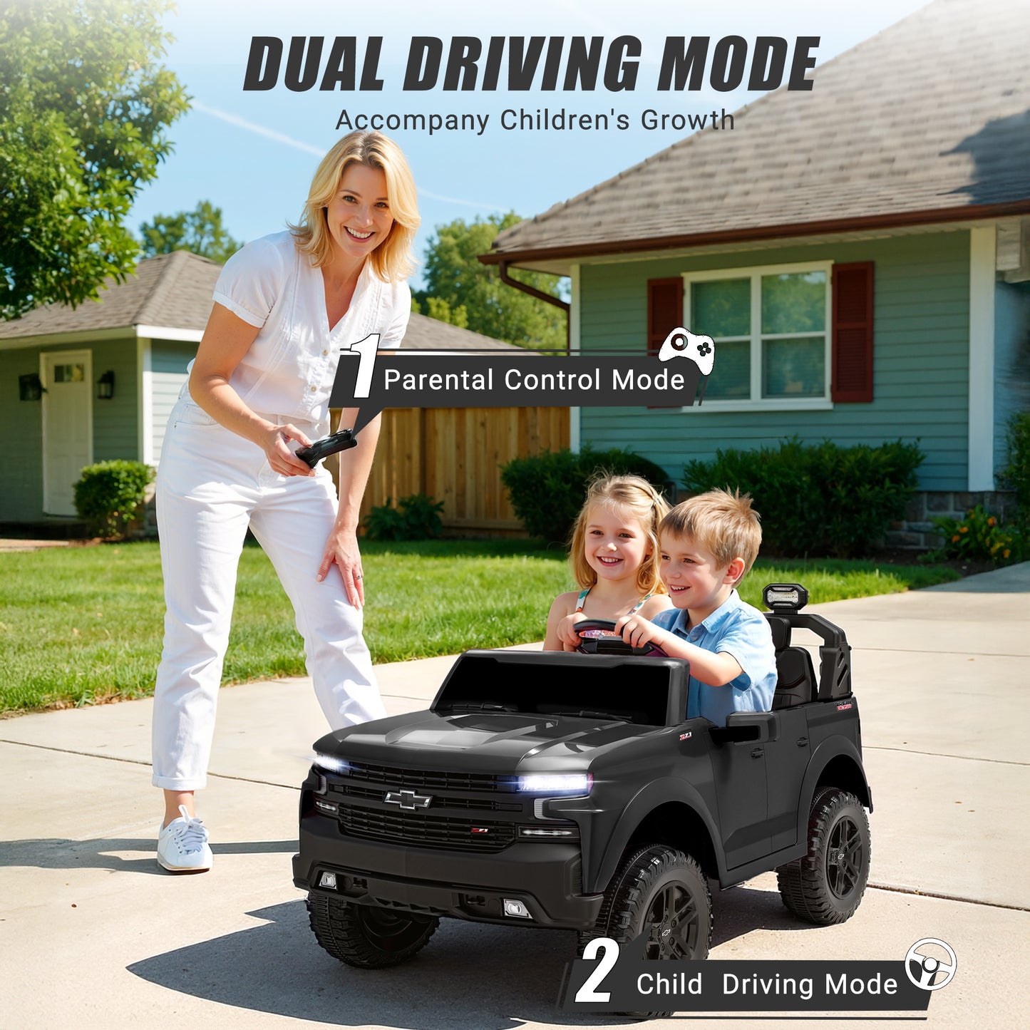 24V Powered Ride on Toys Car, Licensed Chevrolet Silverado 2 Seater Ride on Cars with Remote Control, Spring Suspension, LED Lights, Bluetooth Music, Toddler Electric Car for Kids Ages 3+, Black