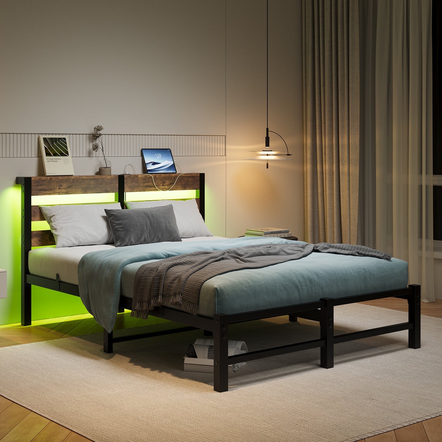iRerts Full Bed Frame with Headboard, Metal Platform Bed Frame Full Size with USB Charging Station, LED Lights, Steel Slats, LED Bed Frame No Box Spring Needed for Bedroom Furniture, Brown