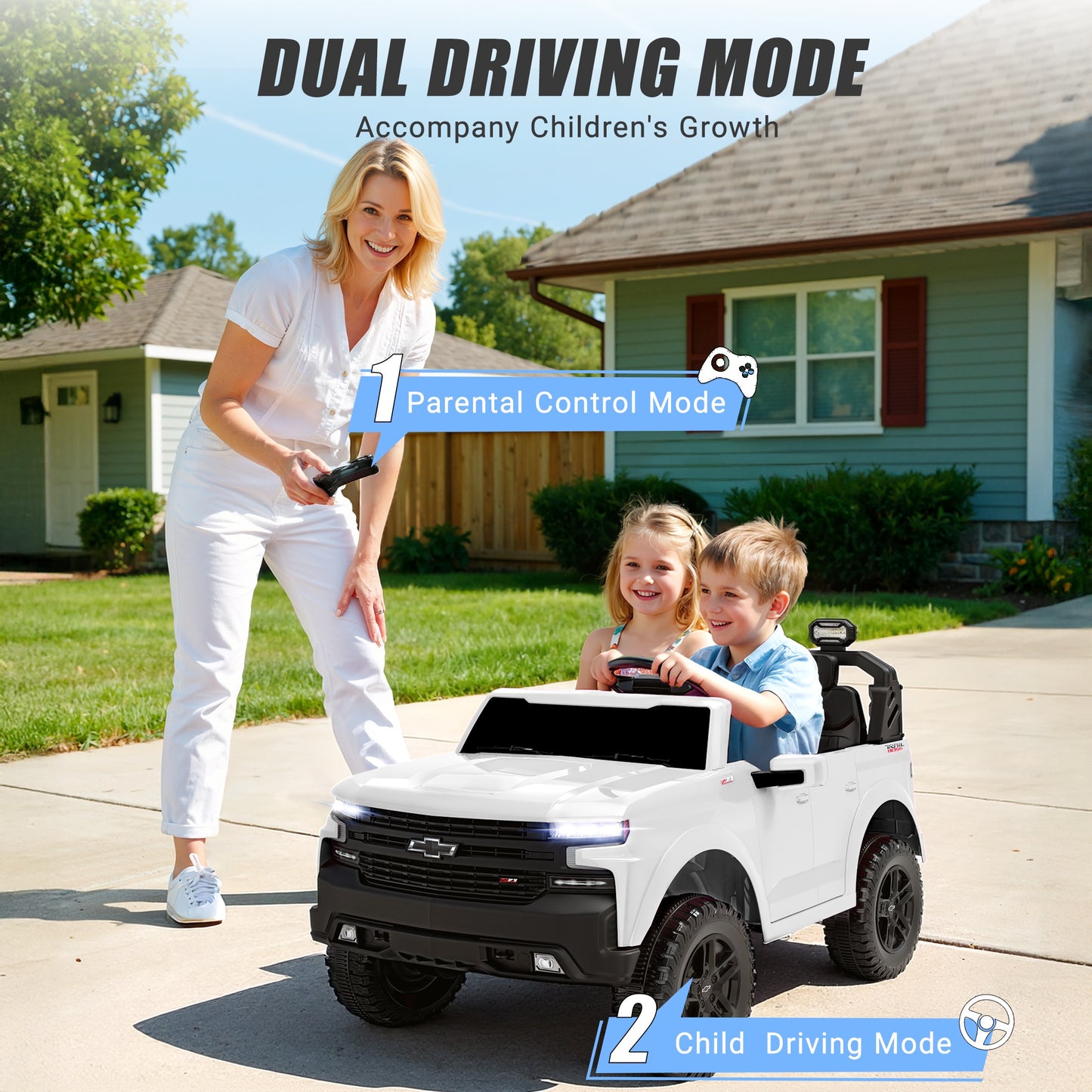 24V Powered Ride on Toys Car, Licensed Chevrolet Silverado 2 Seater Ride on Cars with Remote Control, Spring Suspension, LED Lights, Bluetooth Music, Toddler Electric Car for Kids Ages 3+, White