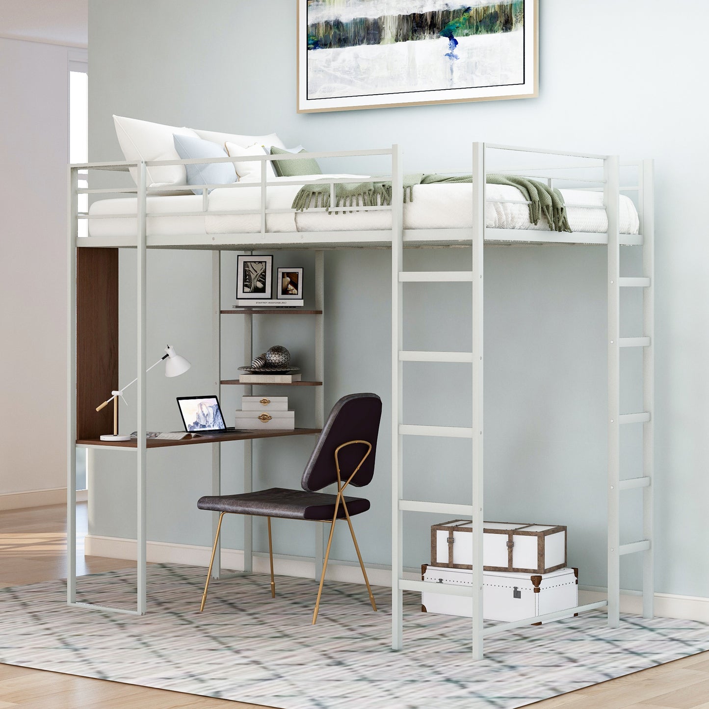 iRerts Twin Loft Bed, Twin Metal Loft Bed with 2 Shelves and 1 Desk, Twin Size Loft Bed with Safety Guardrail, Modern Twin Loft Bed Frame for Dorm Bedroom Guest Room, No Box Spring Needed, Silver