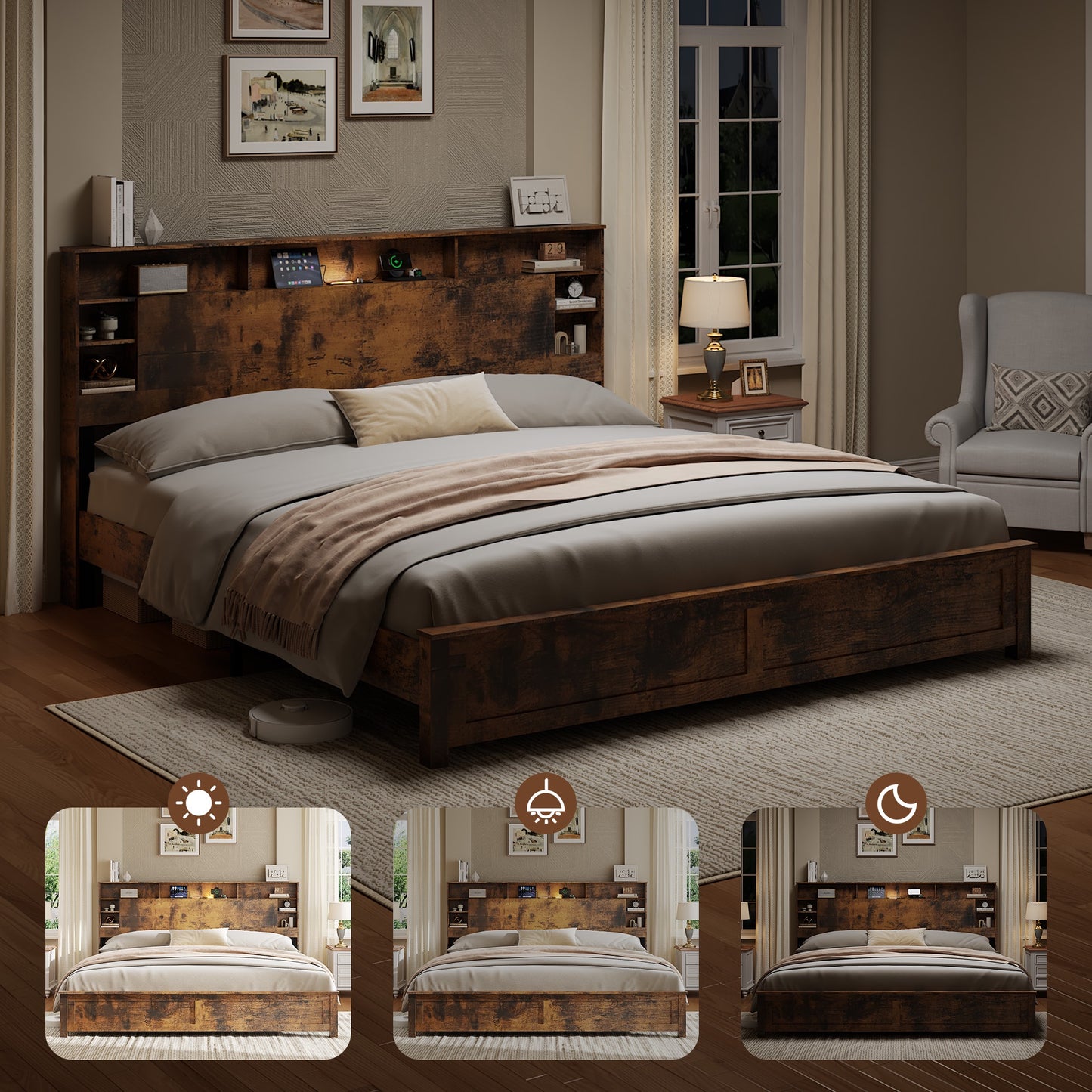 iRerts Wood King Platform Bed Frame, King Bed Frame with Storage Headboard, Charging Station, LED Lights, King Bed Frame No Box Spring Needed, Dark Brown