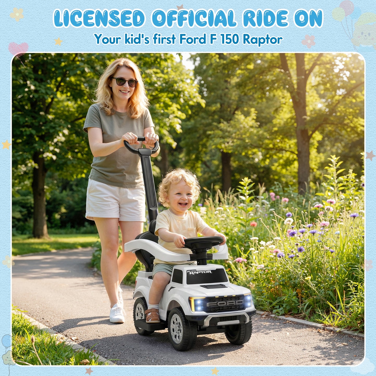 Push Car for Toddlers 1-3, Licensed Ford F-150 3-in-1 Kids Ride on Toy with Parent Push Handle, Foot to Floor Sliding Car with Horn & Lights, Under Seat Storage, White